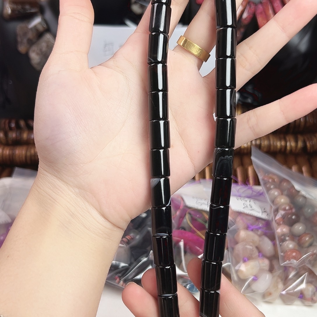 玛瑙/玉髓合金珠宝半成品h573 19m 黑玛瑙桶珠一条