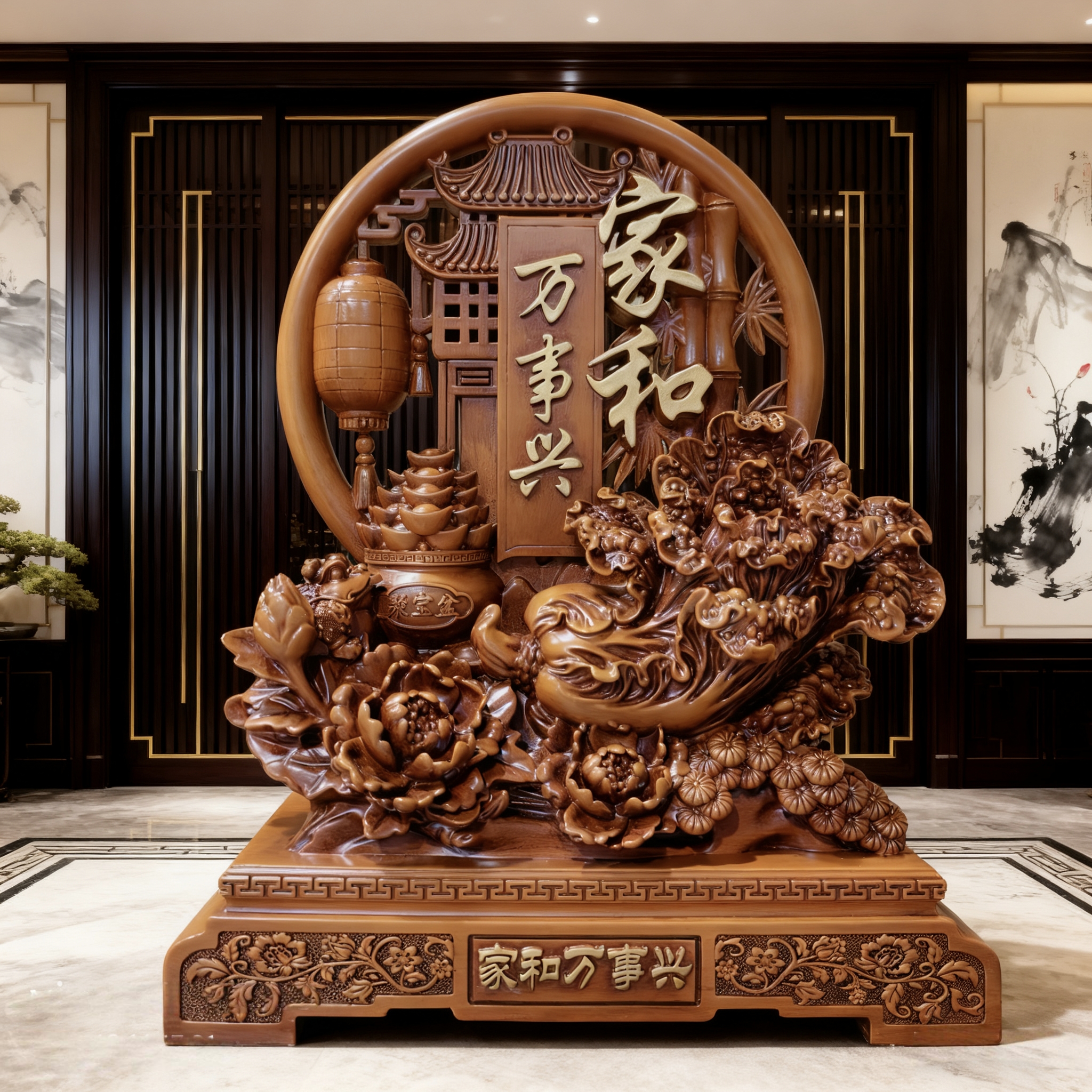 (家和万事兴) 新中式客厅茶室送礼开业高档摆件XDH 约高33*长27cm