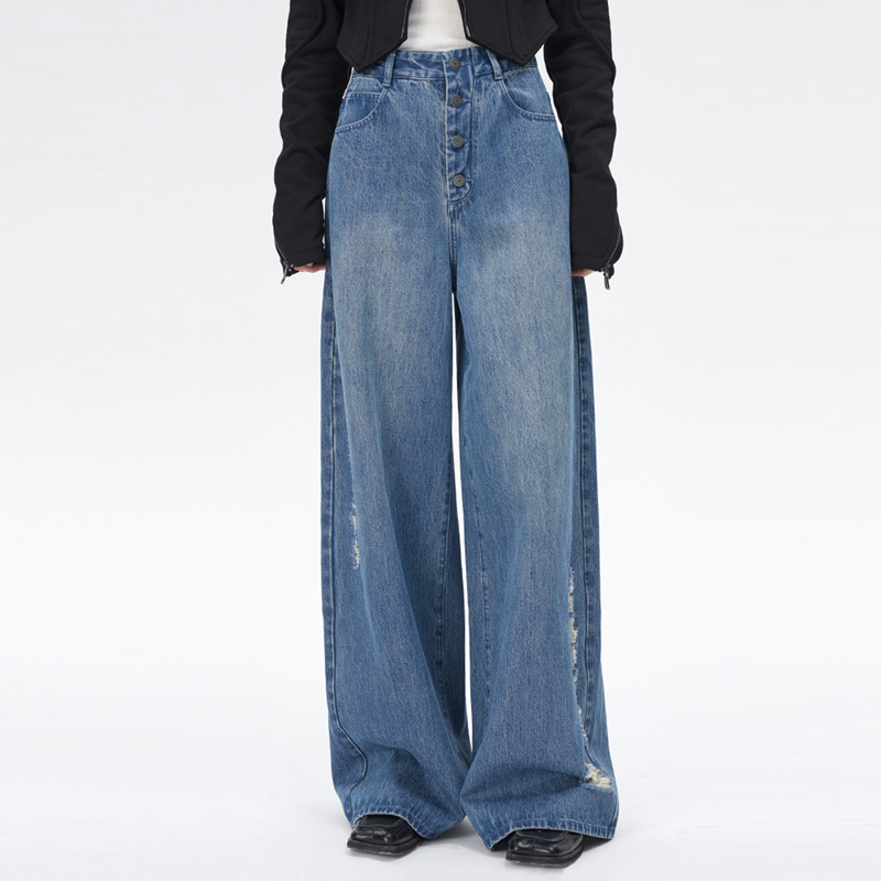 Self Who破洞阔腿牛仔裤女2025秋季新款美式复古高腰直筒宽松裤子