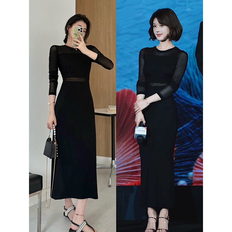 张阿星【腰精玩家】优雅热辣薄纱中长轻礼服时尚修身高腰拼接连衣裙