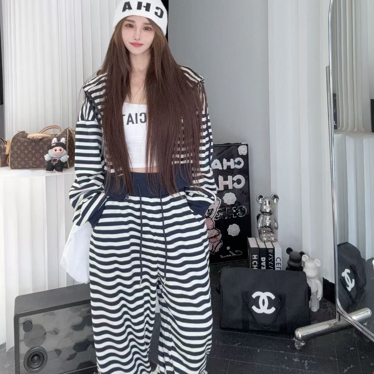 TITI.168条纹开衫连帽上衣高腰阔腿裤休闲时尚两件套