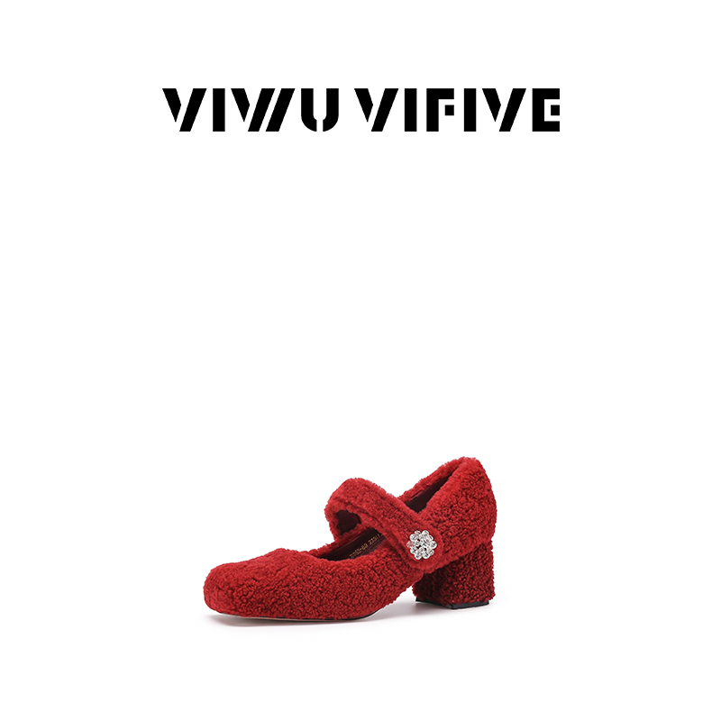V5「茸茸」鞋子女款爆款2025新款羊羔毛芭蕾风玛丽珍方头粗跟百搭款