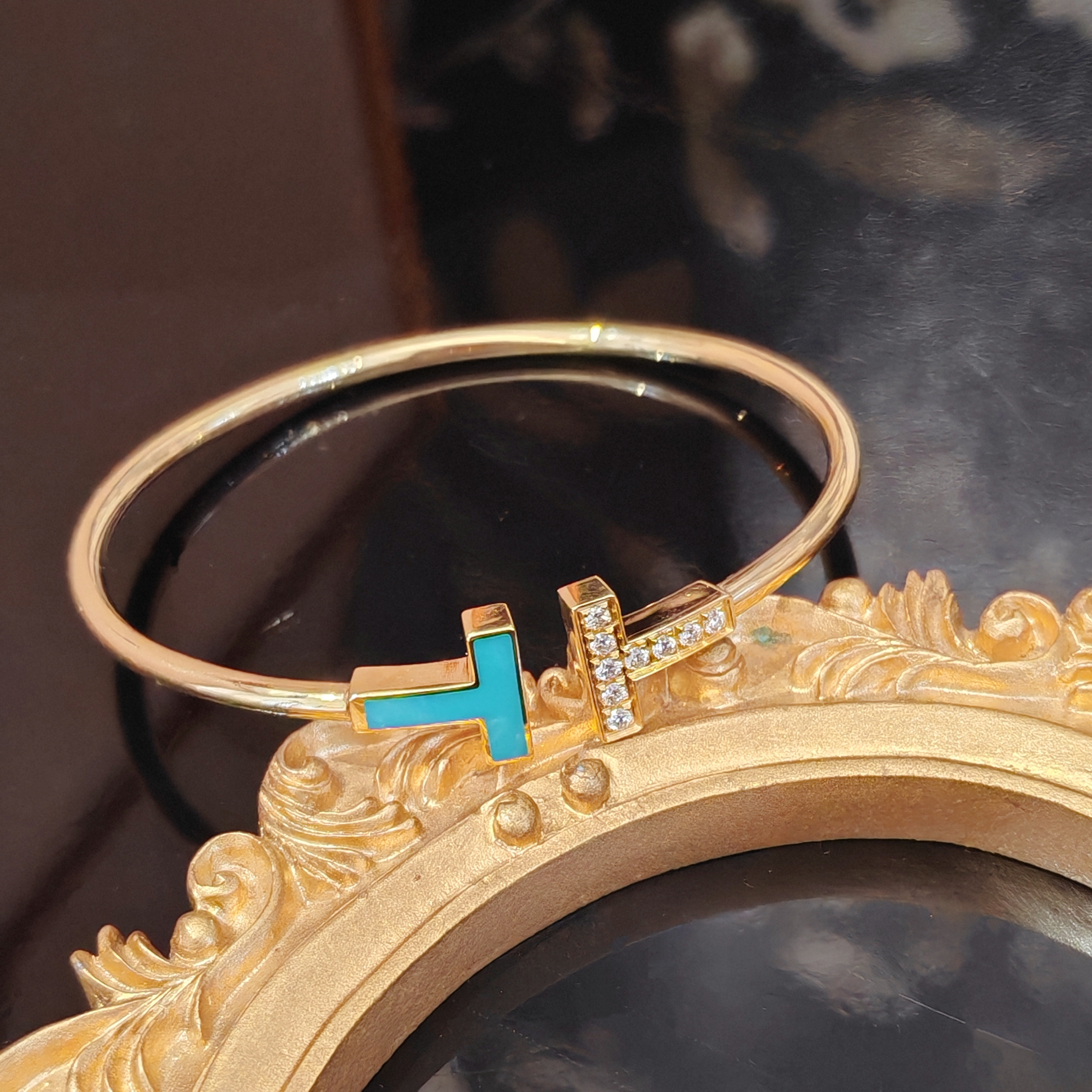 99新 Tiffany & Co./蒂芙尼 双T手镯（钻+绿松石）/K黄/#15