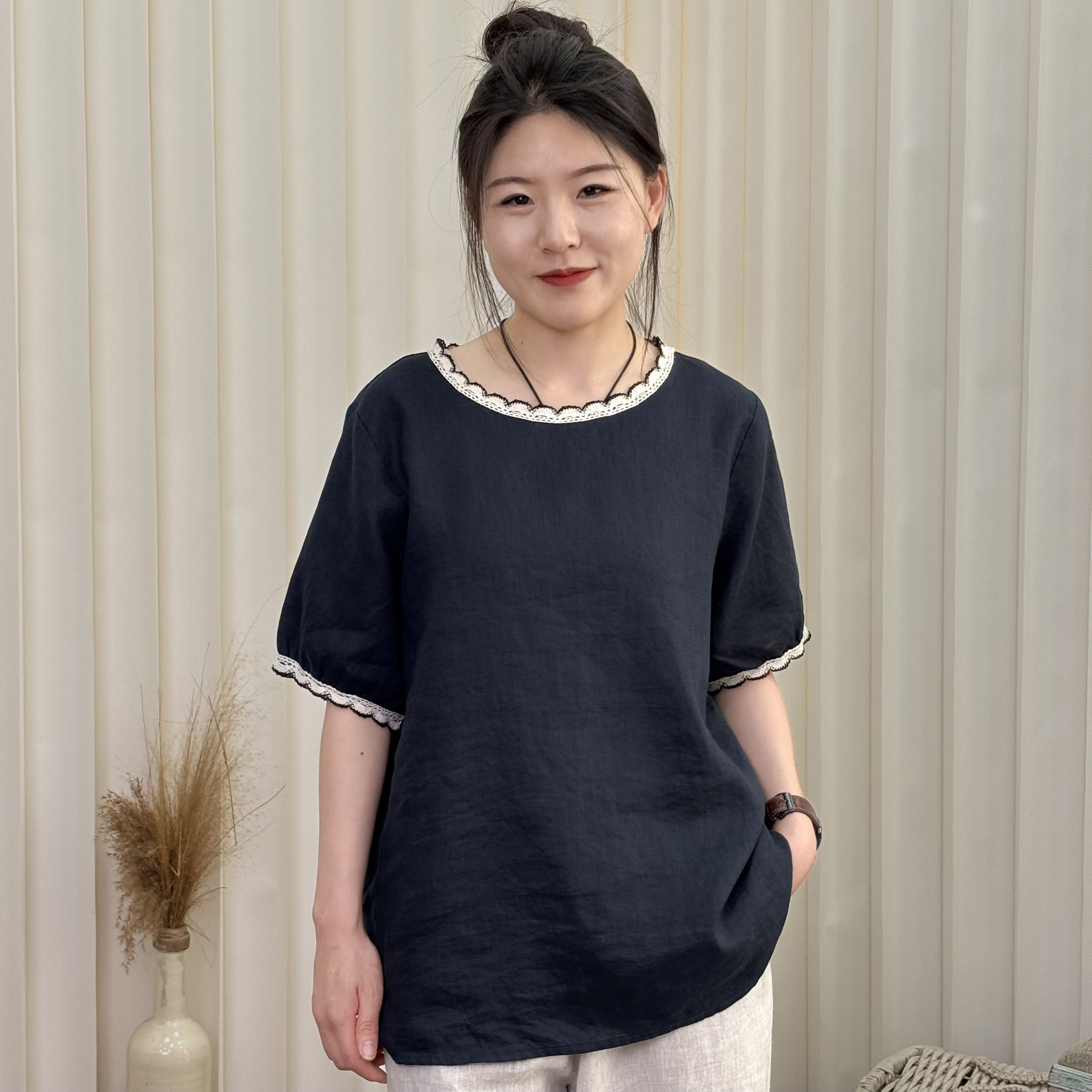 sugiseolryeon【21支】100%汉麻夏季新款花边短袖时尚百搭休闲女士