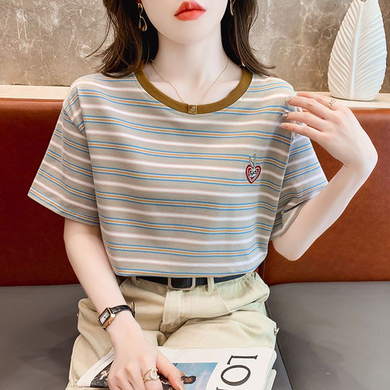 纯棉条纹正肩宽松短袖t恤女潮小众上衣2024新款女装圆领时尚体恤1