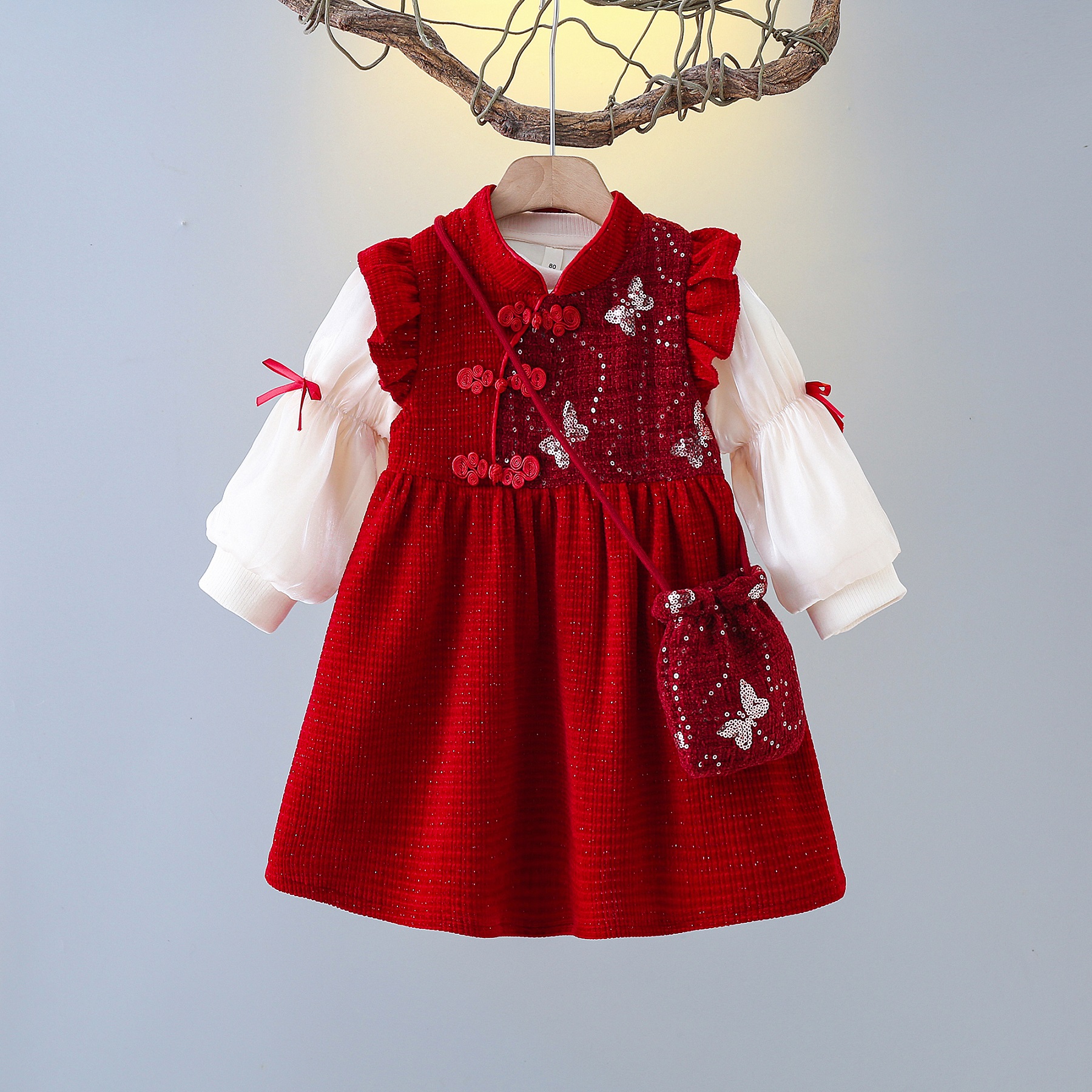 女童冬季洋气新中式长袖连衣裙红色拜年服儿童公主裙秋冬小童