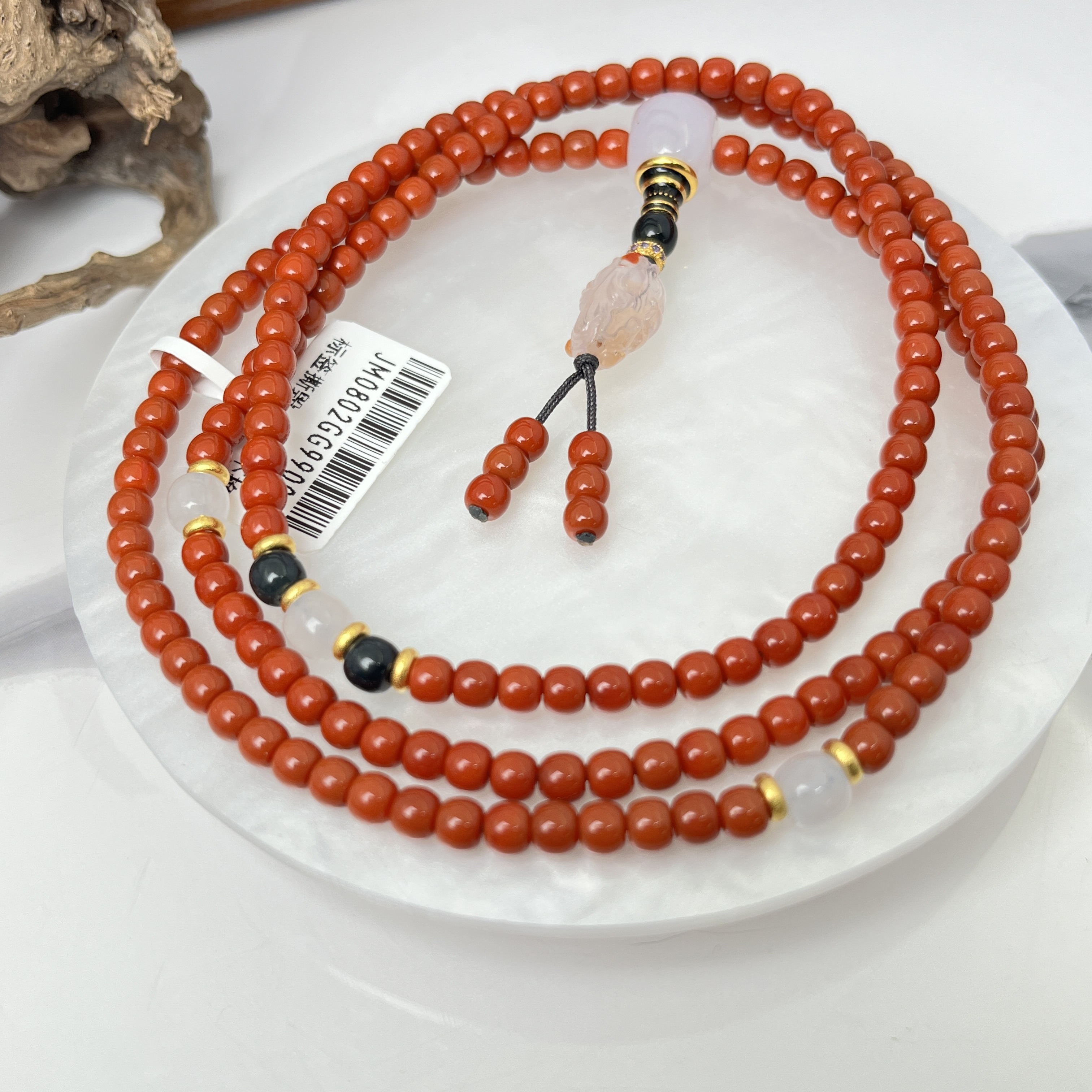 GG9001原矿瓦西玉化柿子红带俏色南红老型多圈手串4mm（一物一拍）