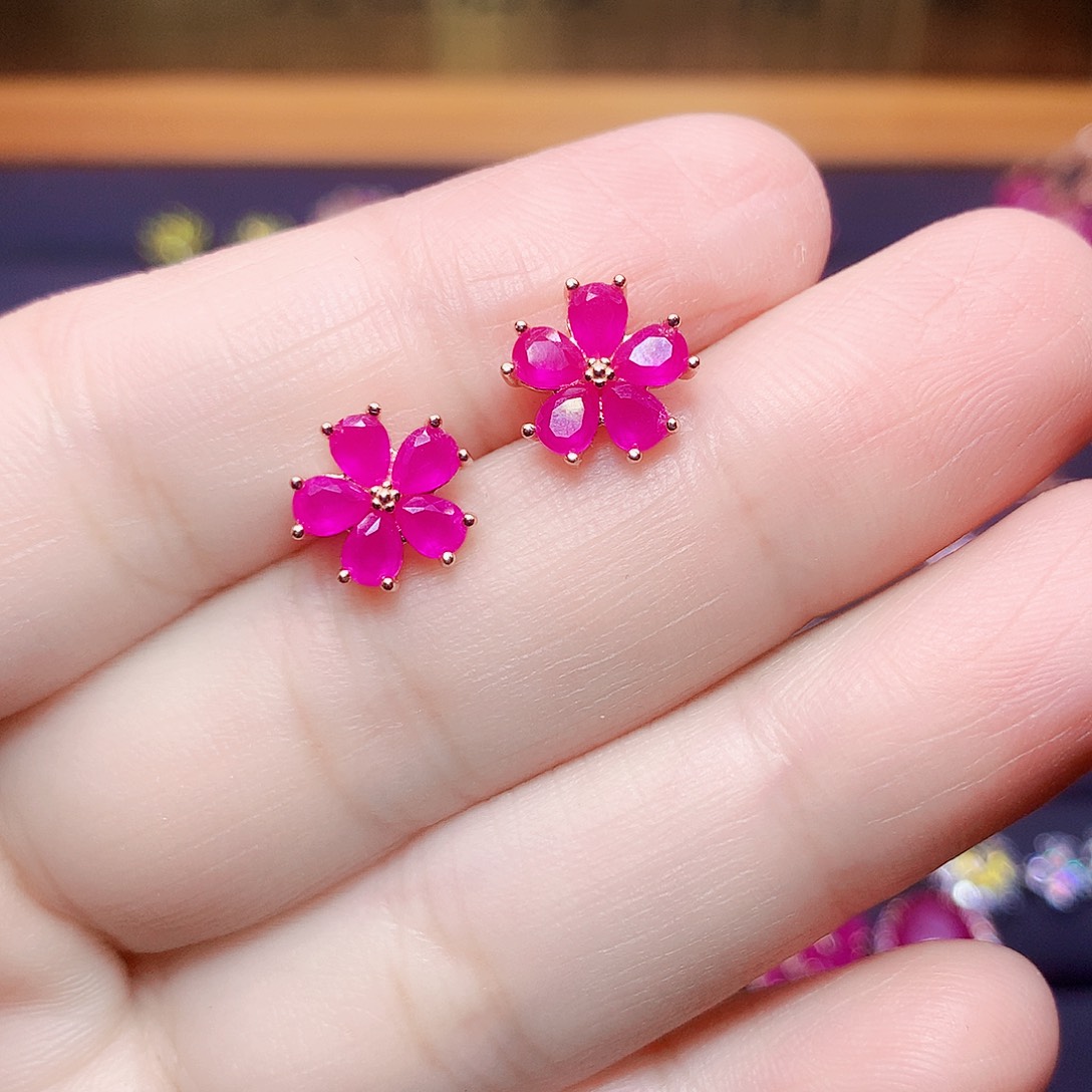 耳饰银S925镶嵌红宝石