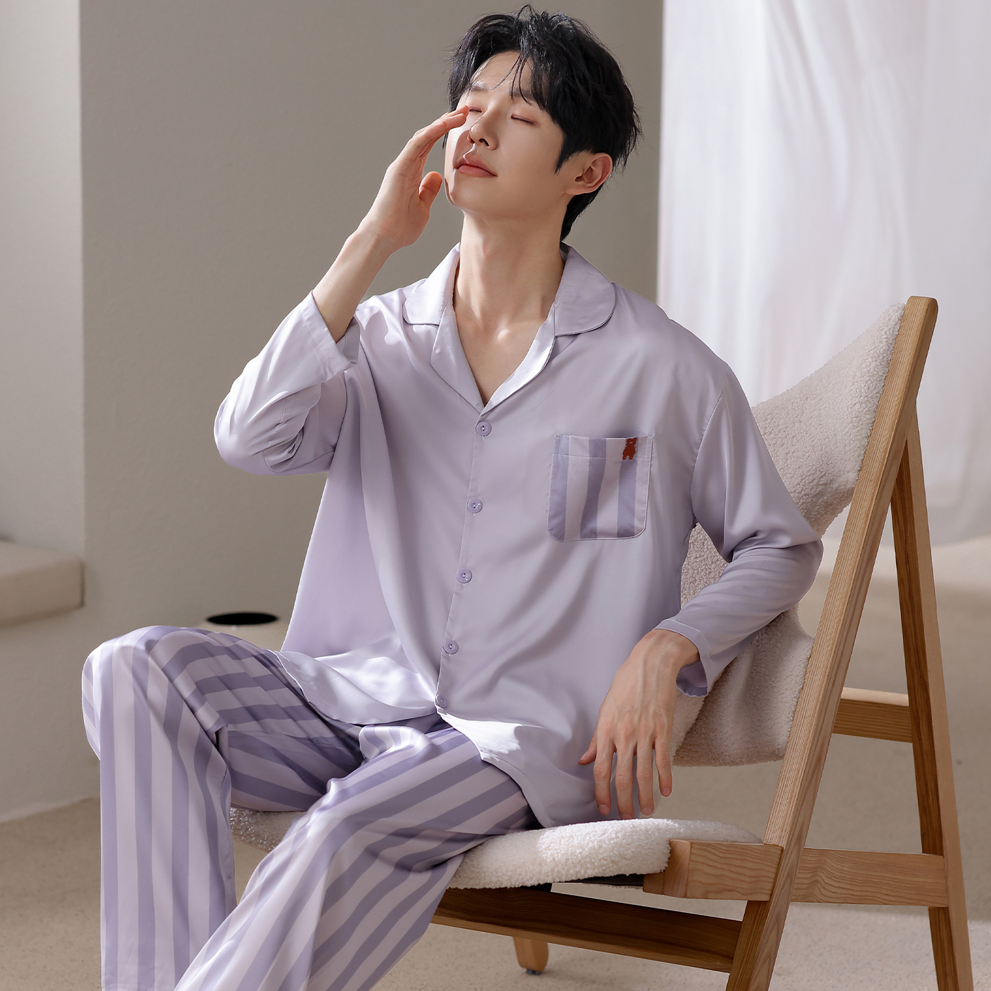 YIHAN-睡衣男丝滑冰雪丝时尚薄款透气休闲秋季新款长袖家居服套装