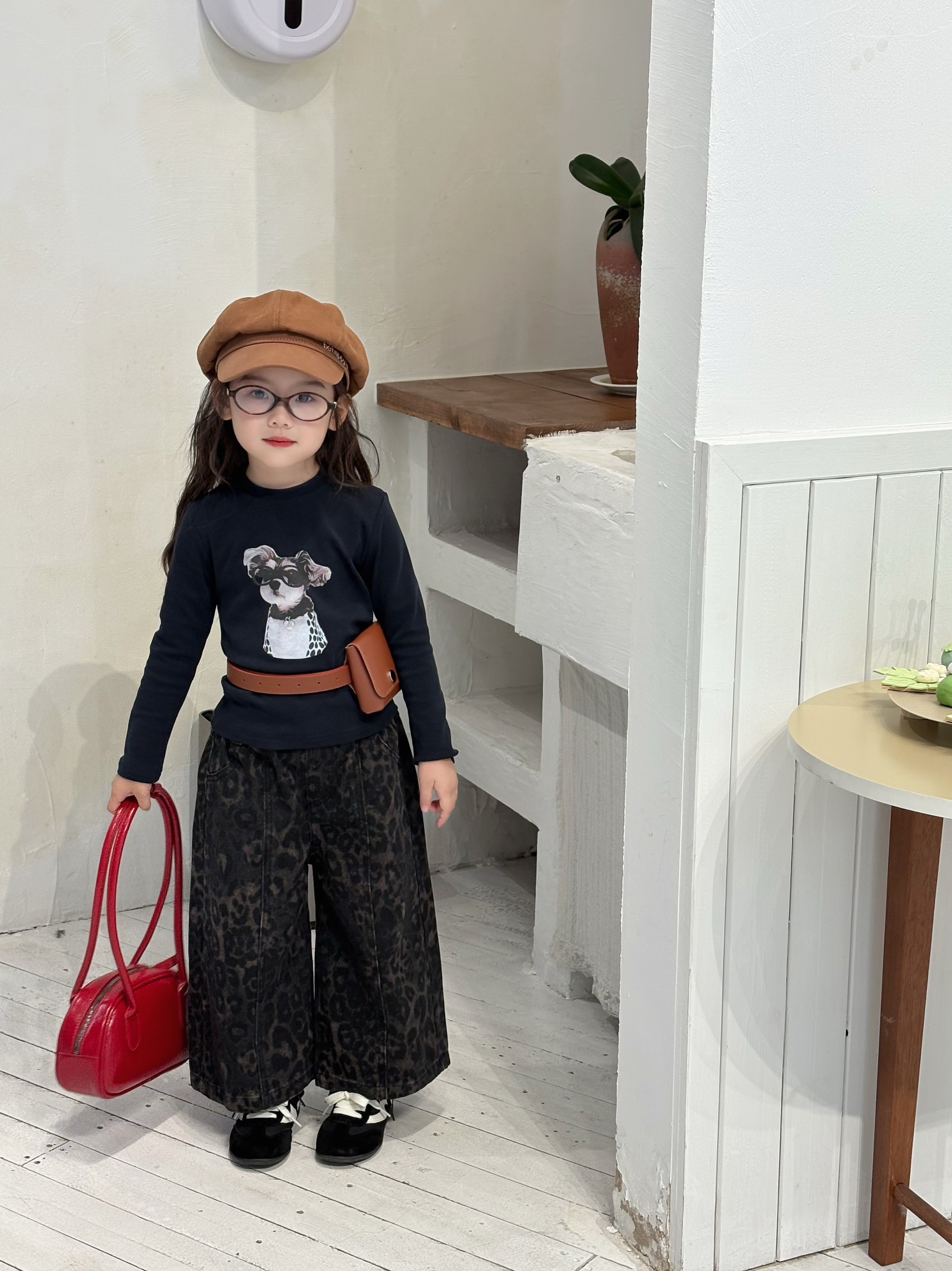女童2025秋季新款印花长袖豹纹裤韩版卡通风套装