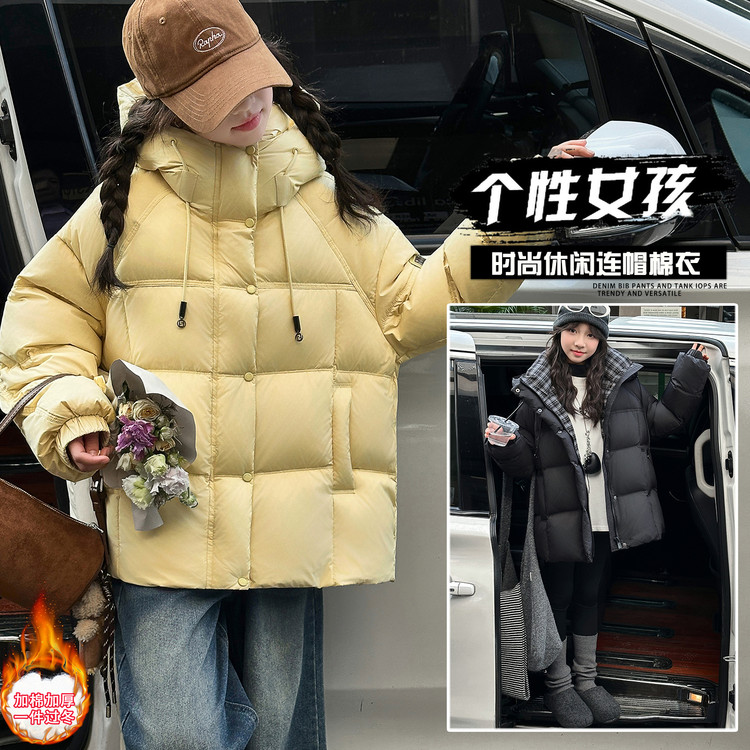 连帽休闲女童棉服棉衣冬装新款洋气儿童冬季加厚大衣女孩外套冬款