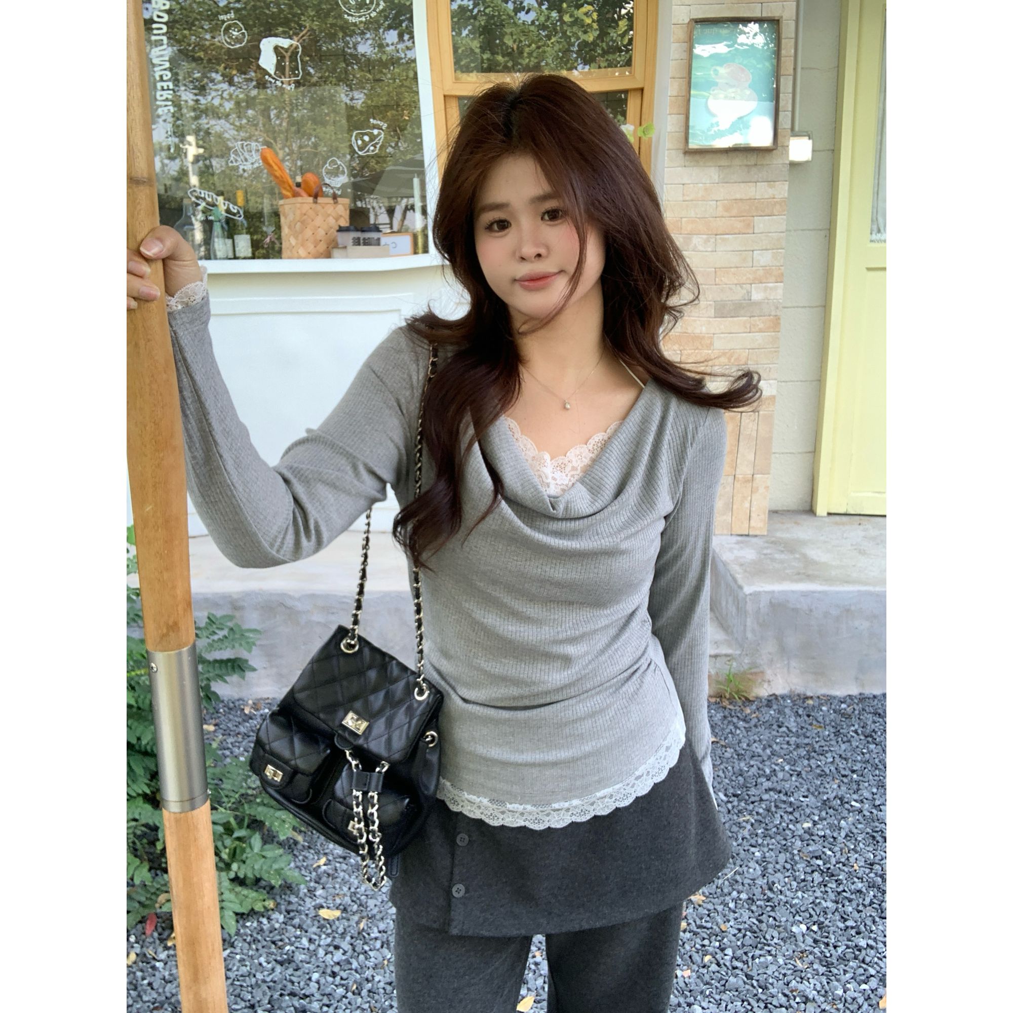 【心动缪斯】大头婷丫丫微胖定制百搭显瘦褶皱拼接蕾丝上衣 L8593