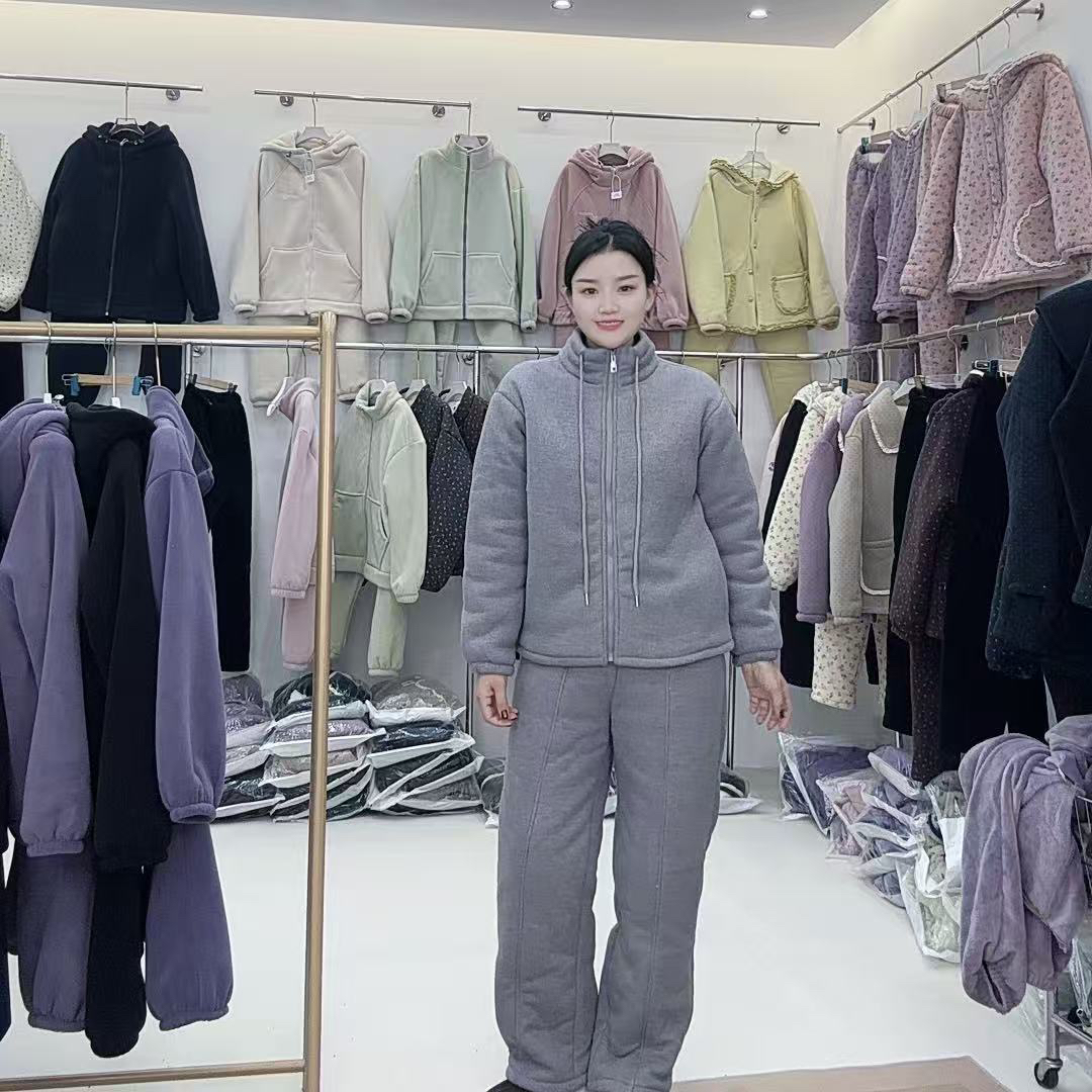 三层夹棉加厚冬季保暖可外穿女士休闲家居服套装加