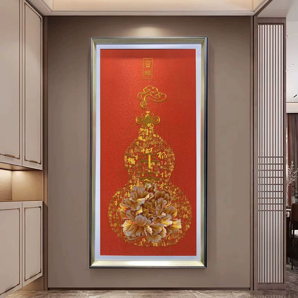 葫芦苏绣客厅挂画过道走廊中式玄关高端刺绣装饰画壁画竖版织锦