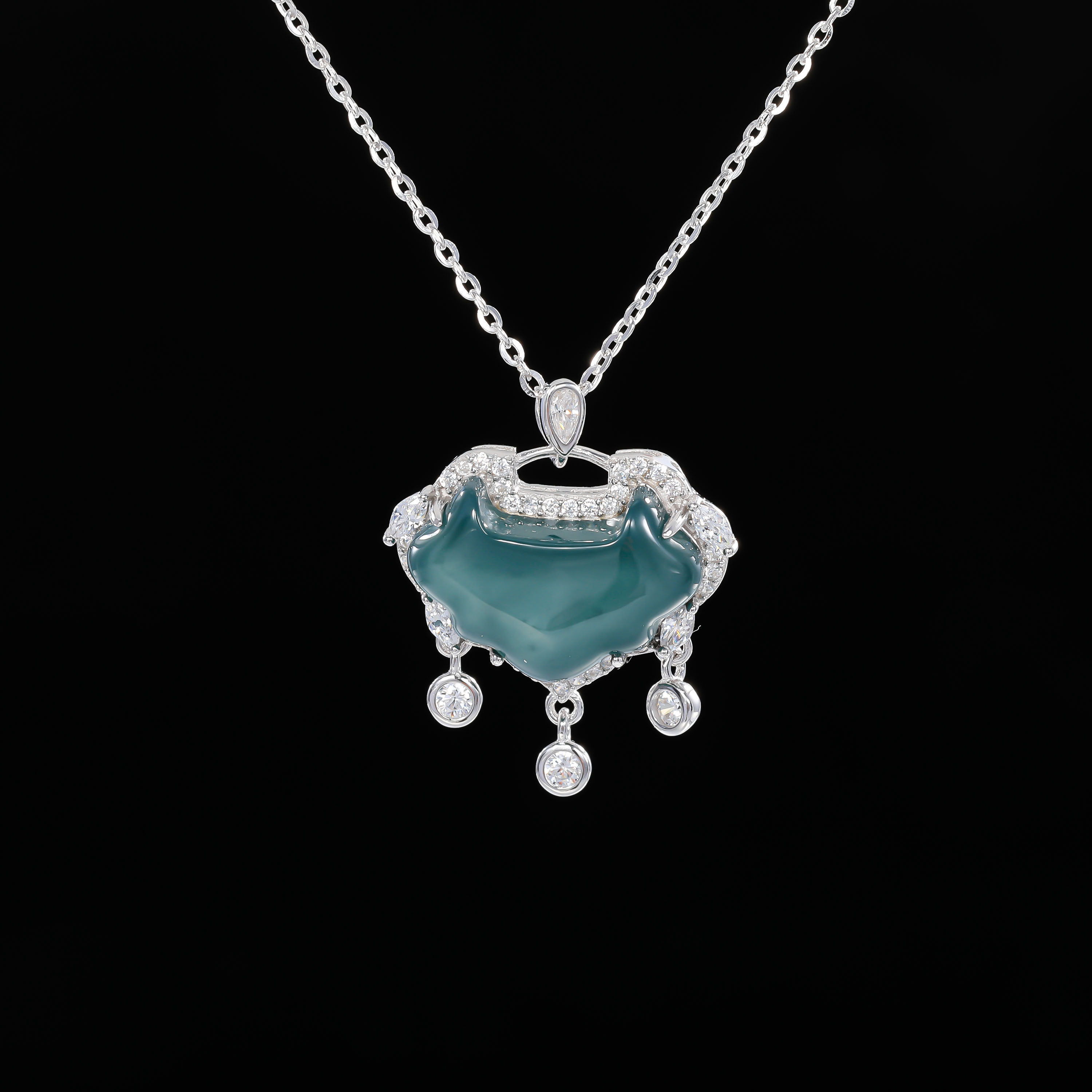 坠链均925银合成锆石  ——木木（SA1025）纯银平安锁项链45厘米