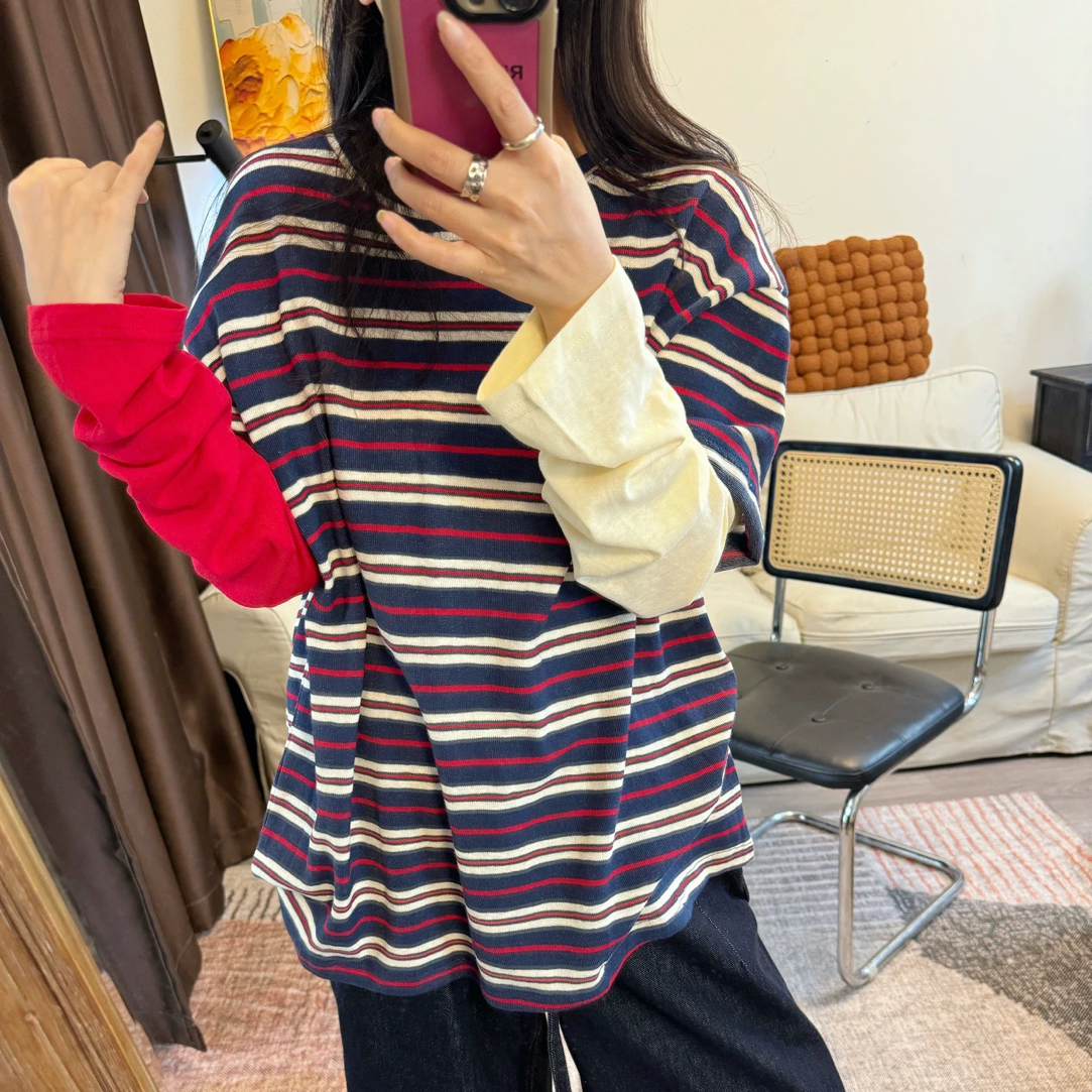 有味道的条纹t！韩国代购圆领宽松版休闲款圆领彩色条假两件长袖t