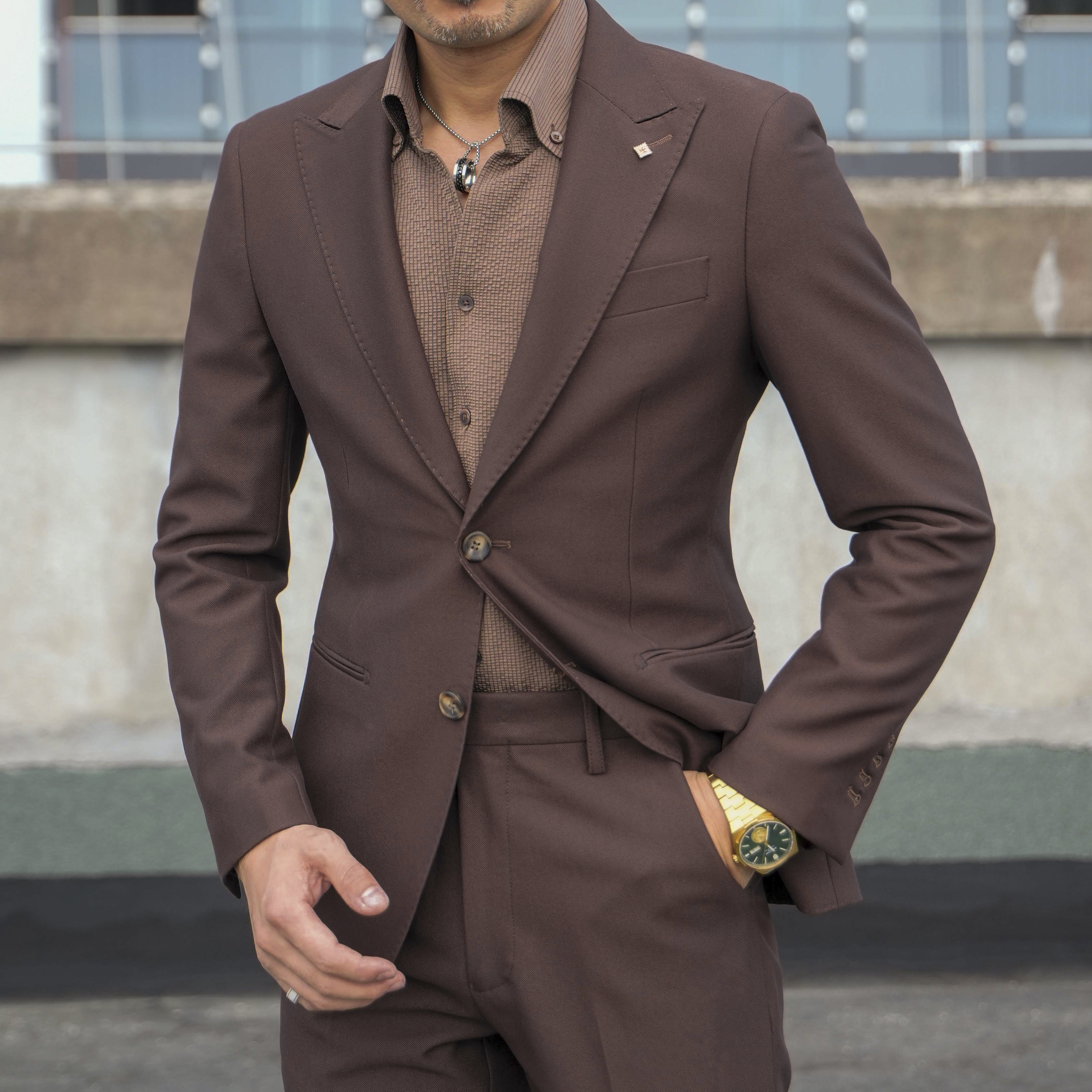 秋冬2405深棕色两粒扣戗驳领单开礼服西装套装修身西服套装