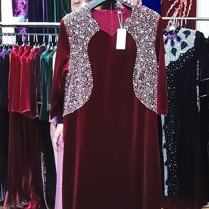 O***服酒红色金丝绒v领重工中款礼服裙6XL