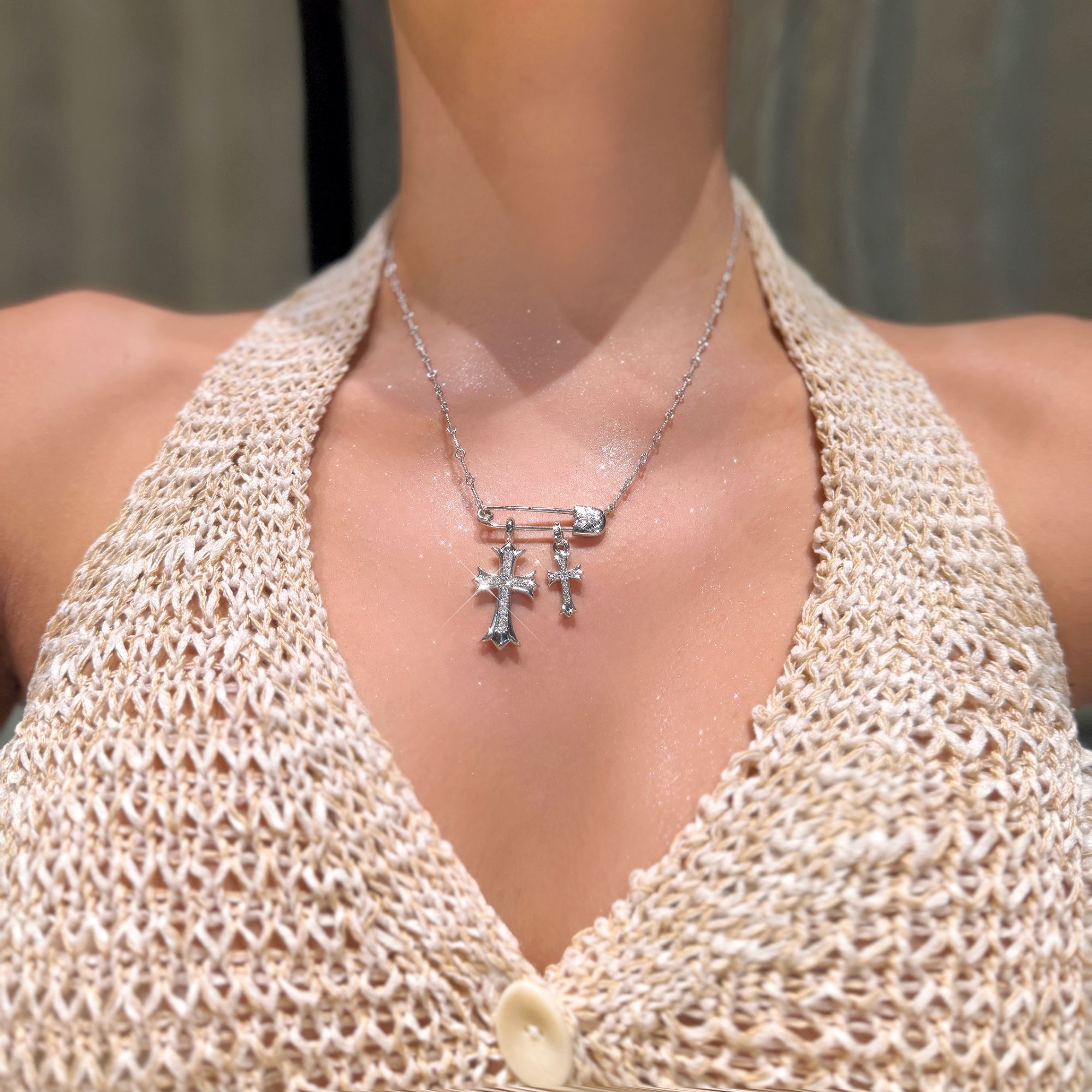 QANNA【别针双十字架】【满钻重金版】欧美时尚豪华回形针钻石项链AY