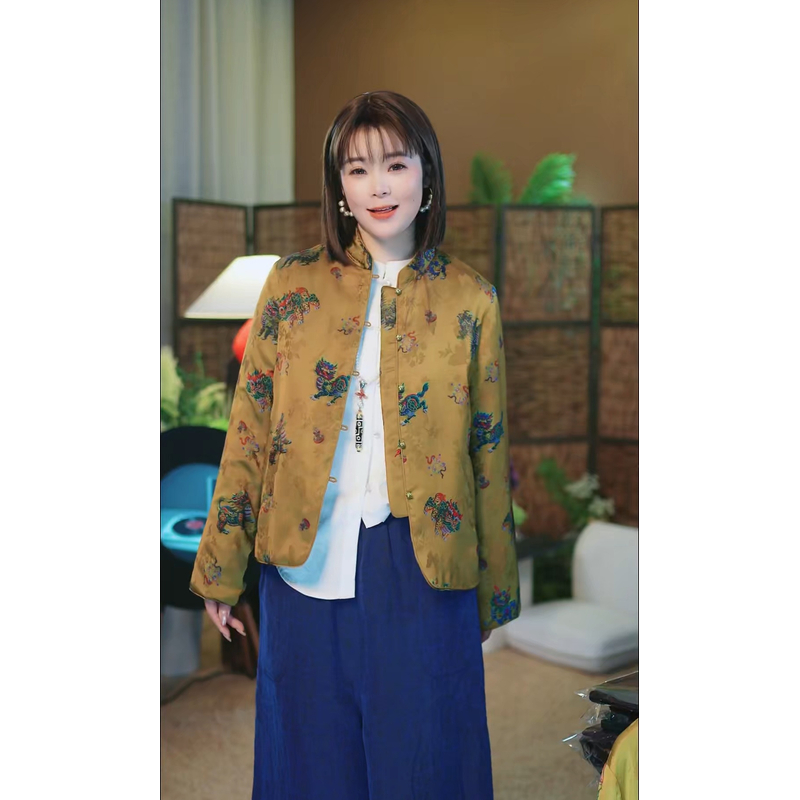 杯子家《喜狮蚕丝棉袄》秋冬保暖新中式国风立领新年外套