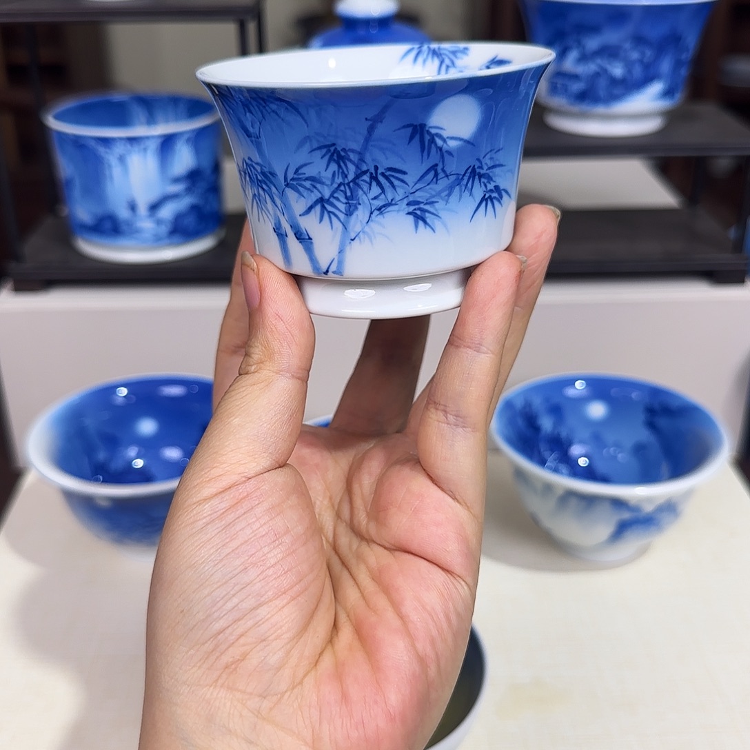 青花夜景竹子杯杯