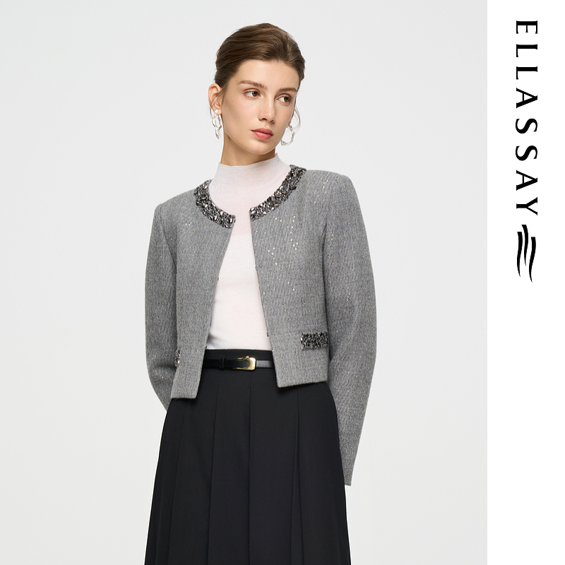 ELLASSAY歌力思2025秋季新款绵羊毛环领水钻短外套女E363W00800
