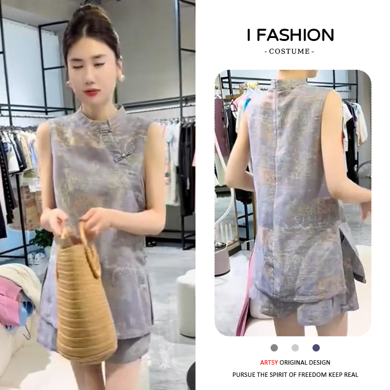 时尚显瘦气质套装女士2025年夏季新款立领无袖上衣高腰短裤两件套