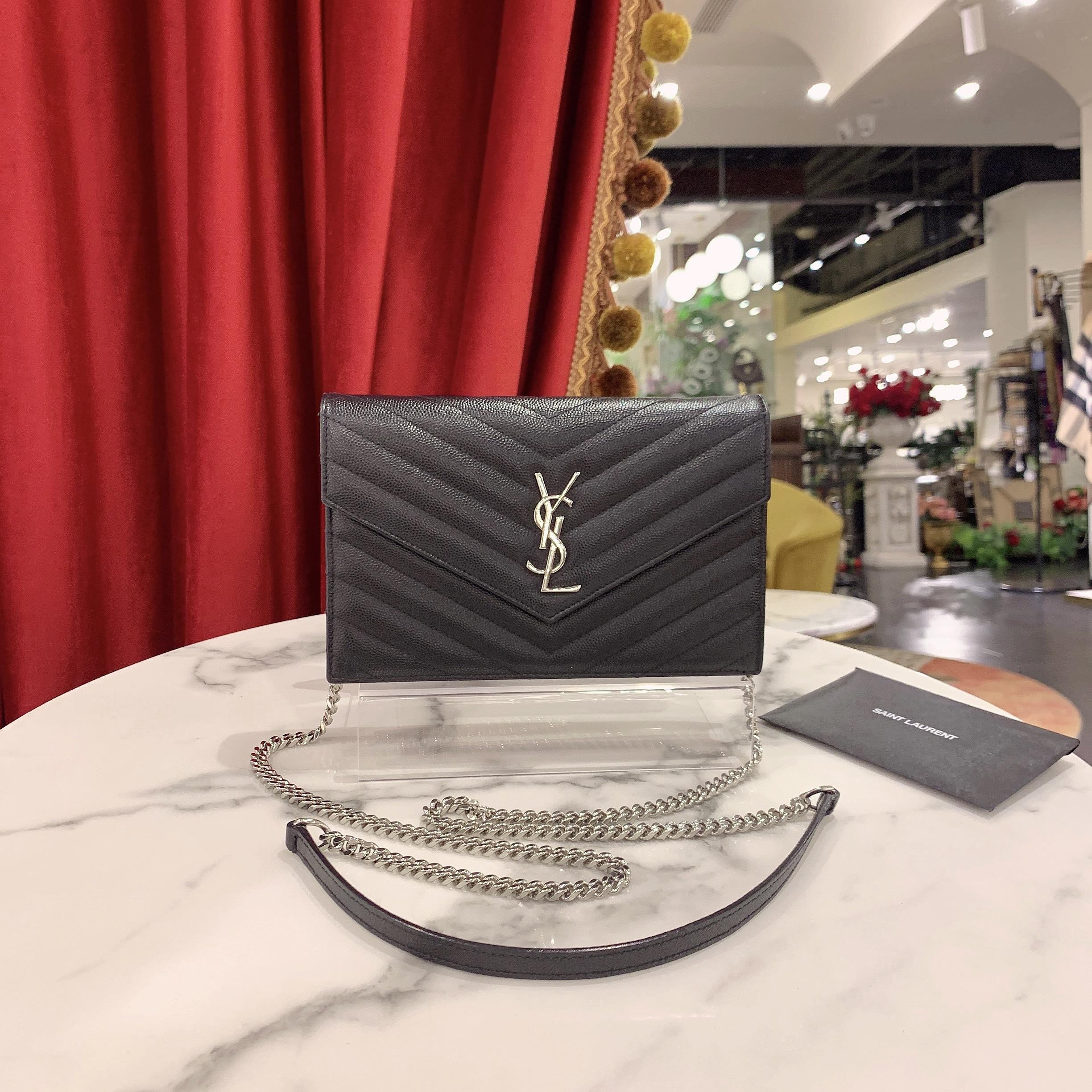 95新 YSL/圣罗兰 GGS信封包小号黑银荔枝牛皮26258000