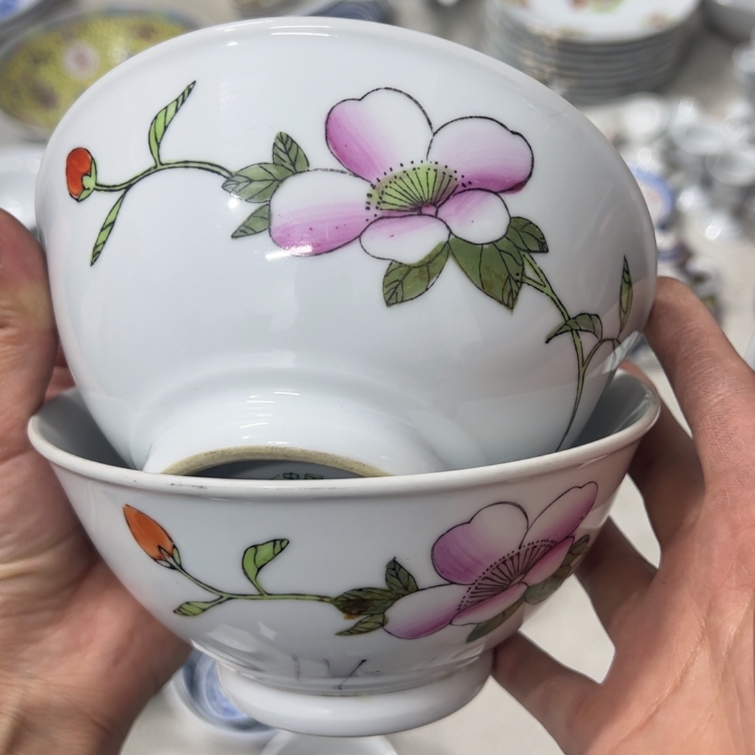 摆件陶14厘米手绘花卉饭碗2个