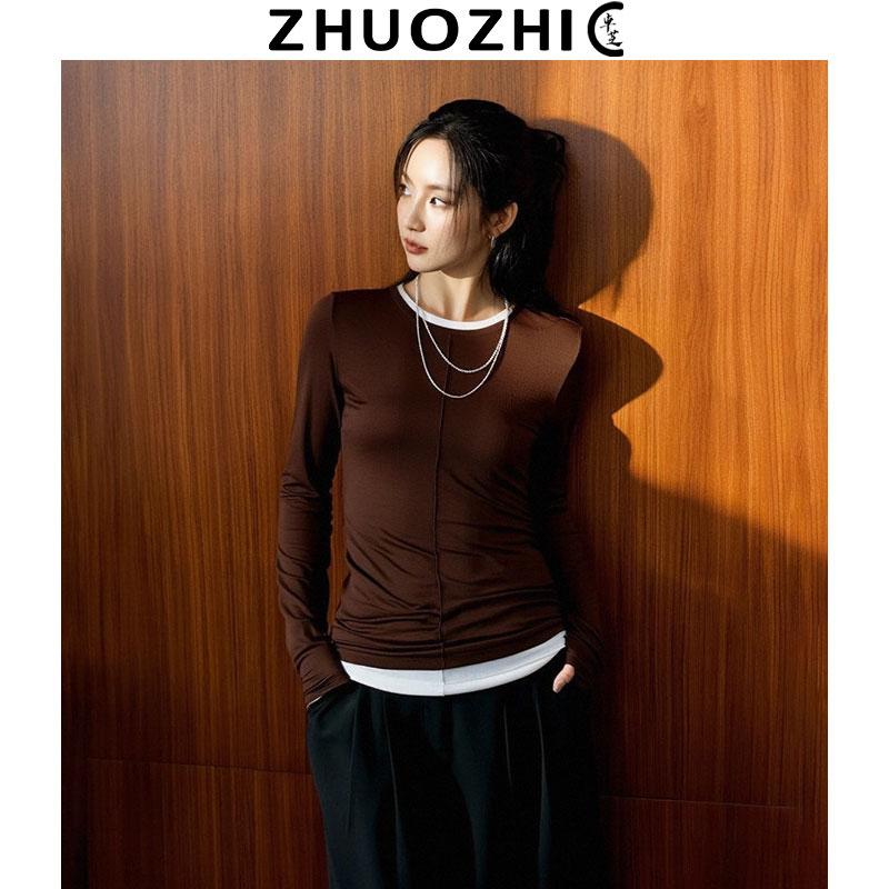 卓芝法式休闲风撞色拼接假两件长袖t恤2025秋季新款简约百搭上衣