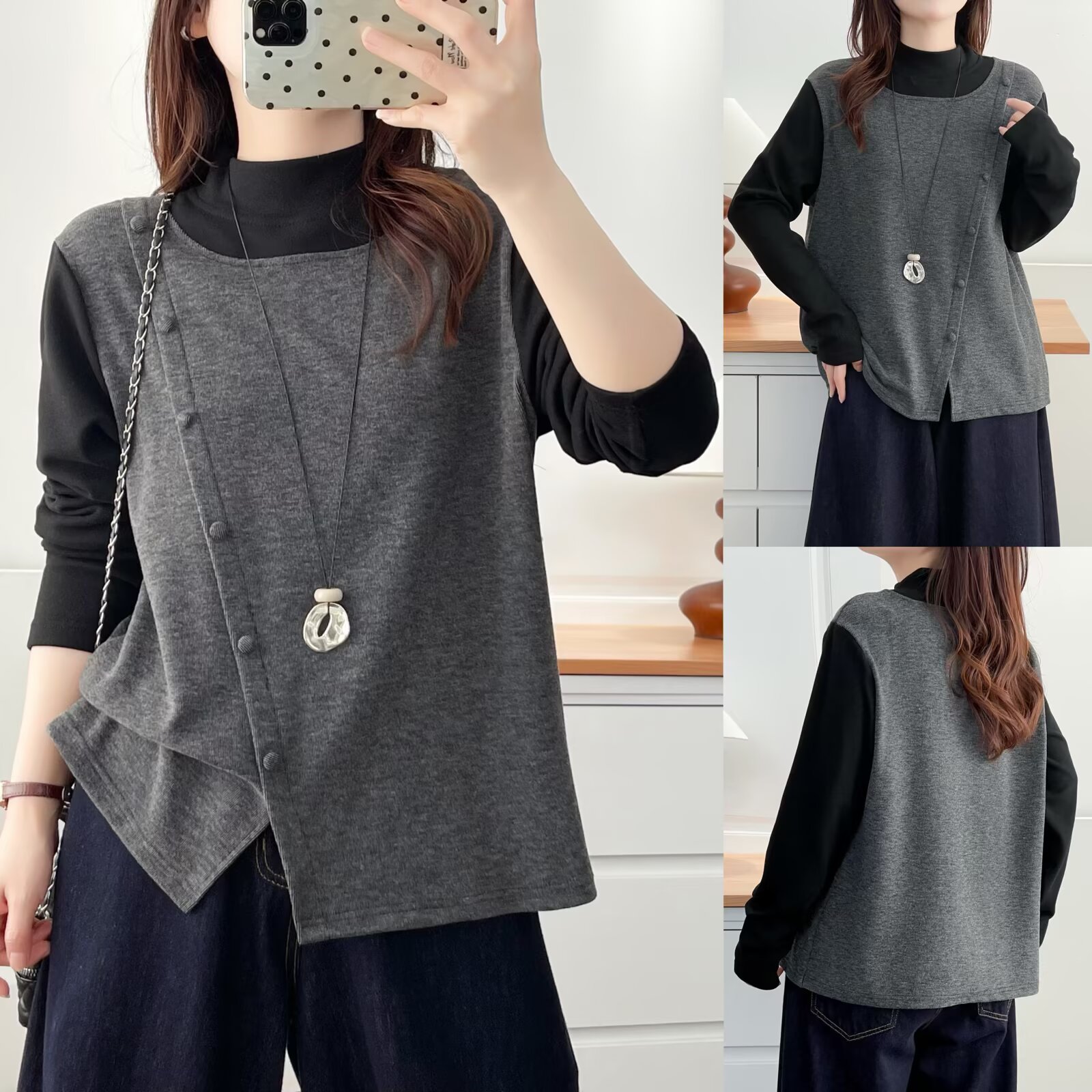 JIANAOBEN/简澳本大码洋气显瘦宽松设计感假两件长袖打底衫上衣