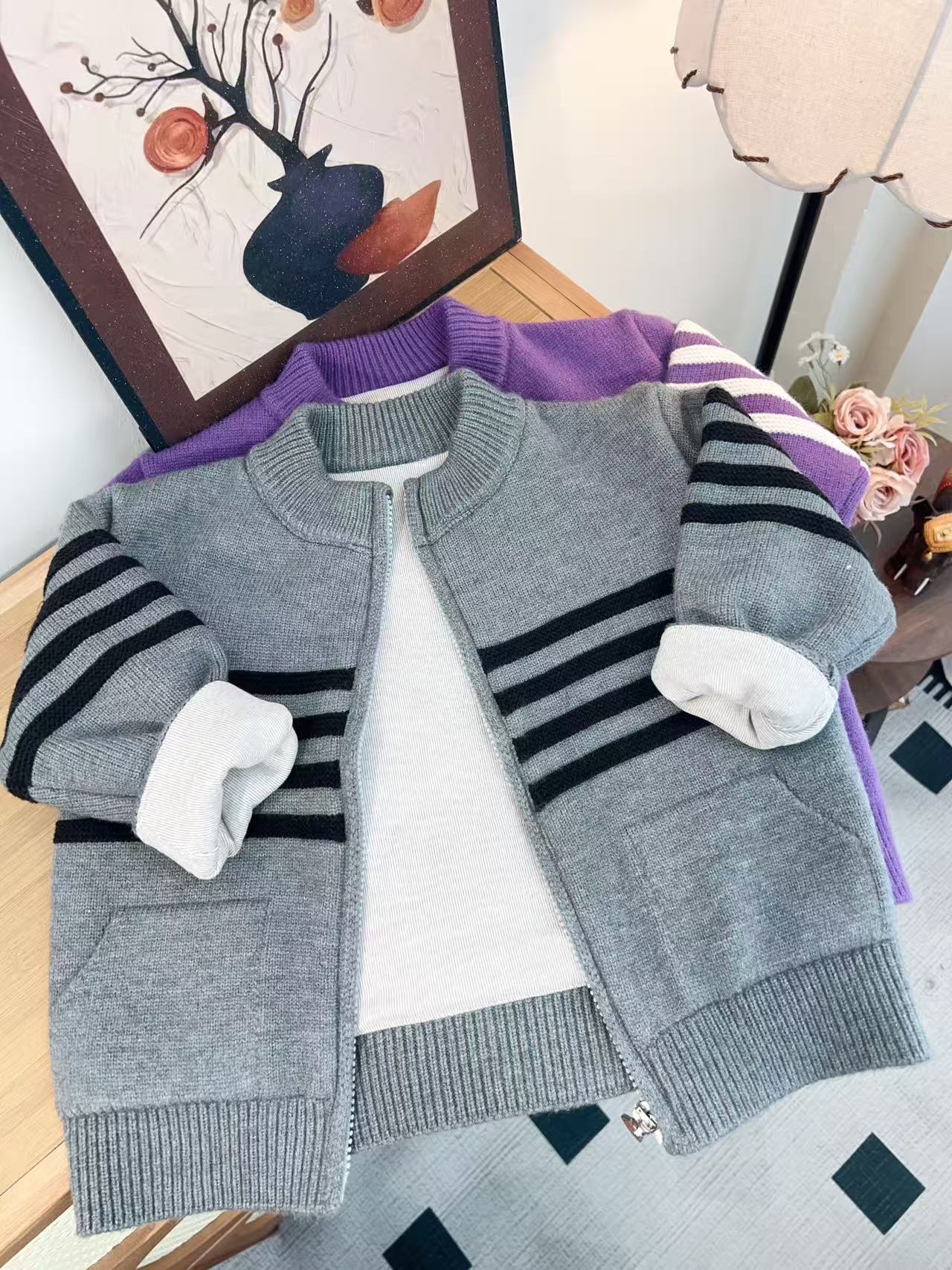 25年新款韩版立领条纹男常规款毛衣针织衫时尚小童秋款男童1015