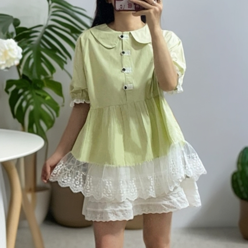 显瘦宽松娃娃领拼接蕾丝花边时尚百搭衬衫上衣