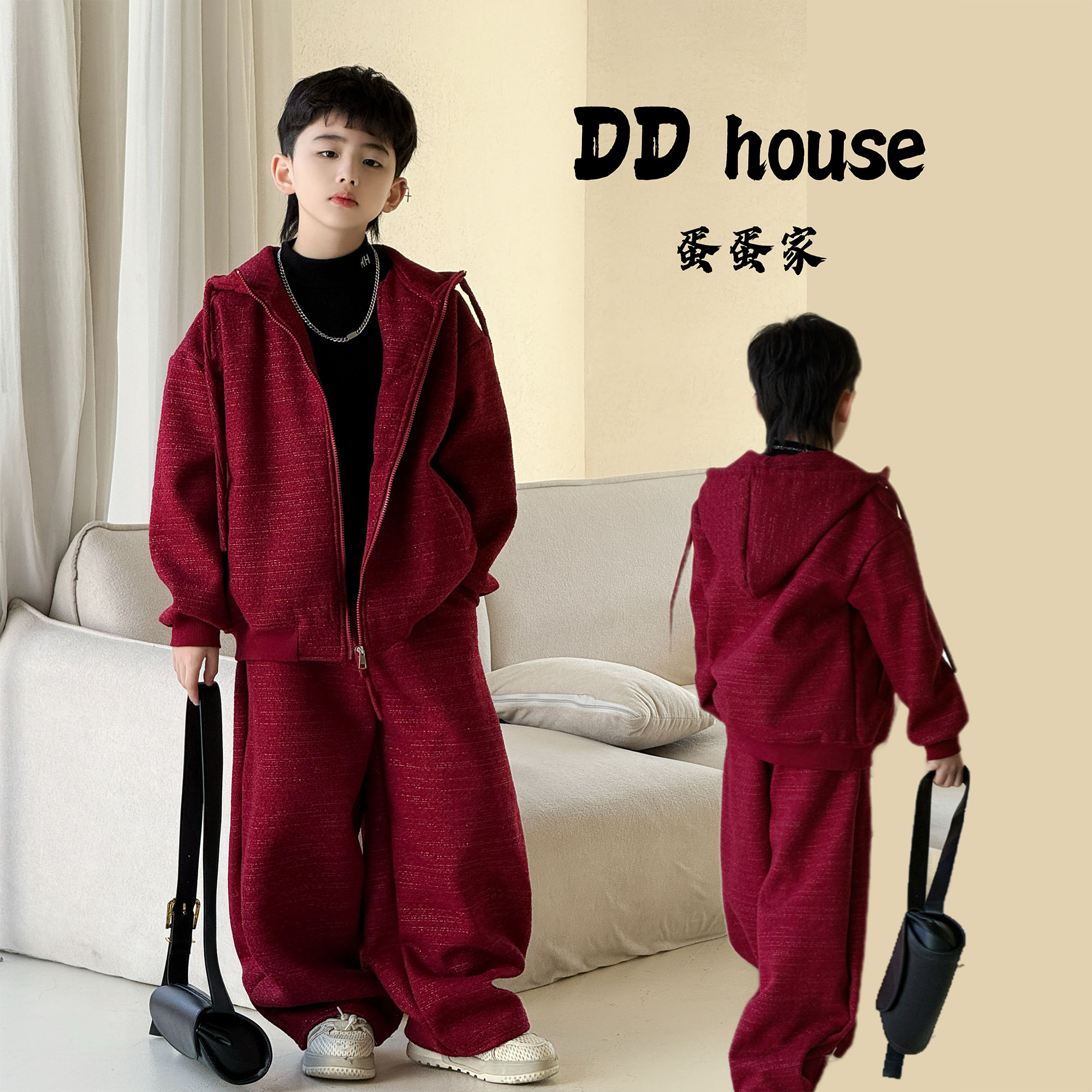 蛋蛋家【闪闪星光】1222802冬季新款儿童红色呢料连帽加绒套装