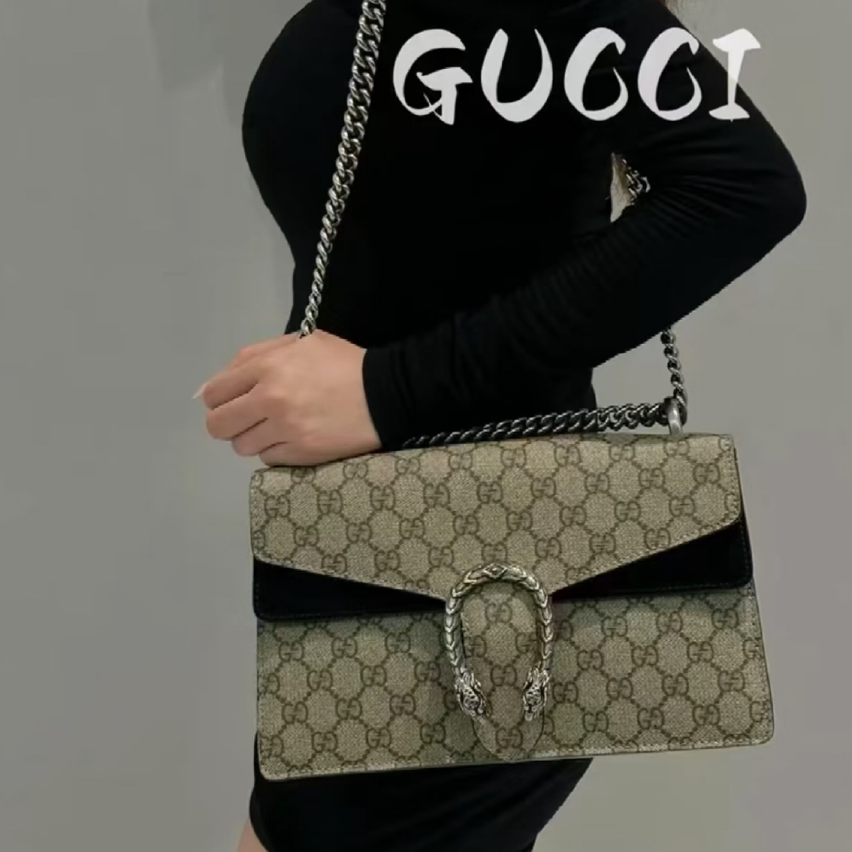 95新 GUCCI/古驰 大号经典酒神黑麂皮