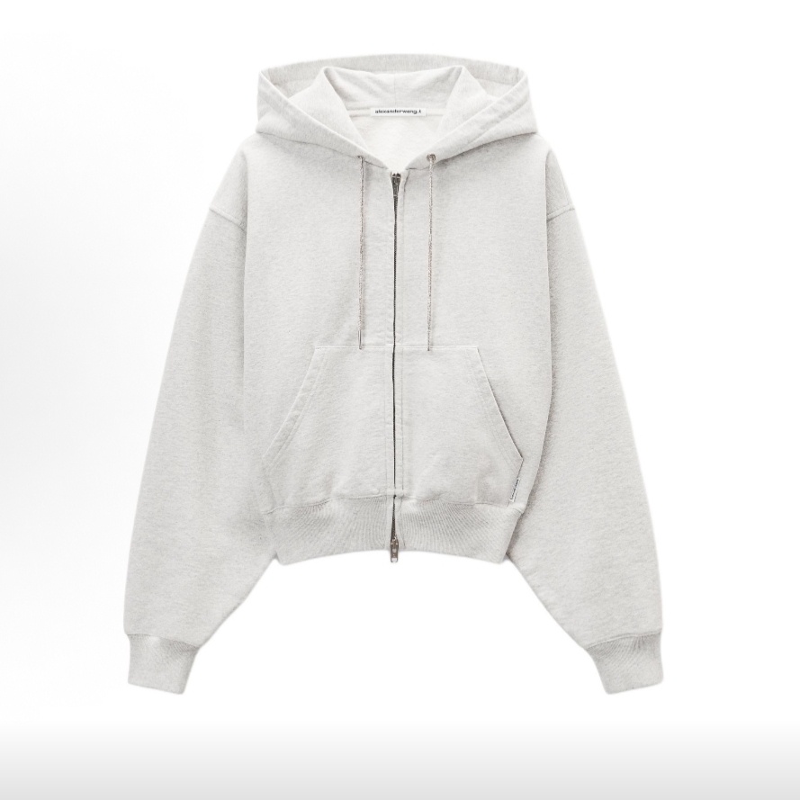 未使用 ALEXANDER WANG (斑鸠)灰色 水晶烫钻装饰抽绳连帽卫衣 