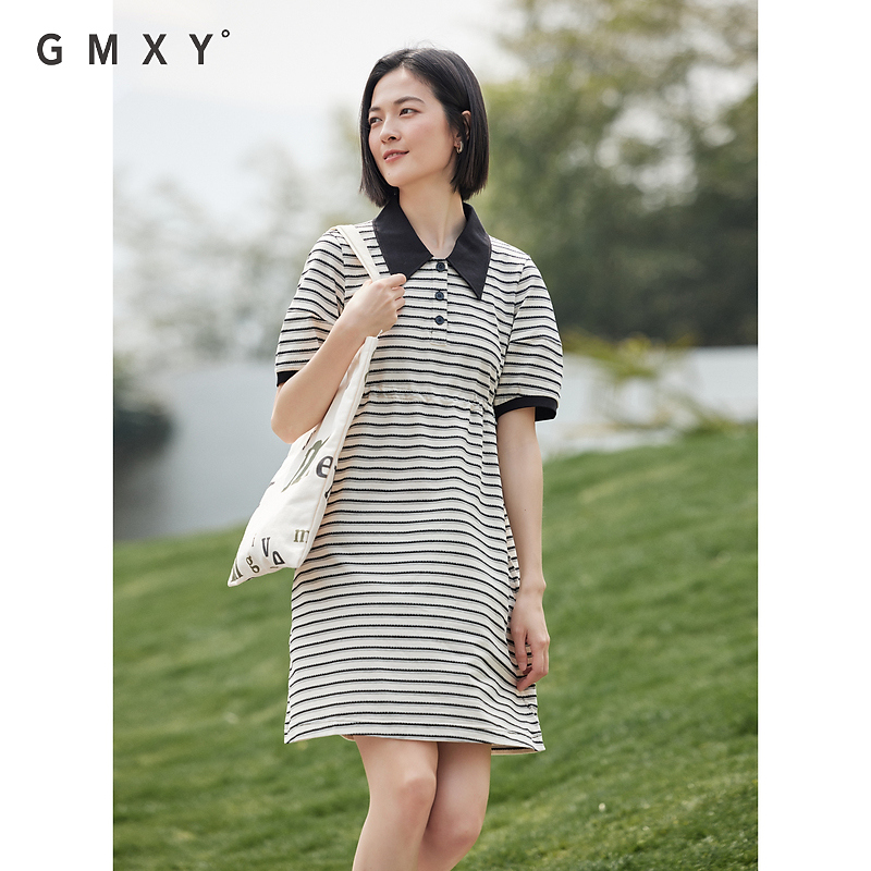 【绿子粉丝专享】古木夕羊纯棉条纹连衣裙小众抽绳polo领T恤裙