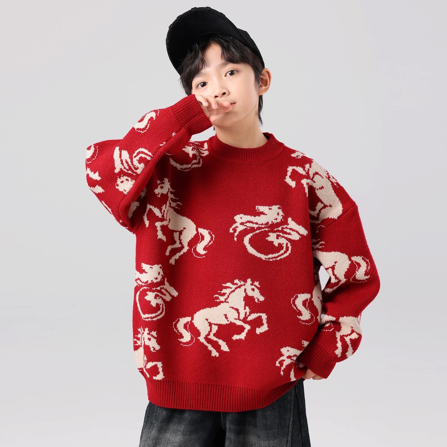 【全系列】男童冬季拜年重磅加厚红色毛衣2026新款中大儿童保暖毛衣