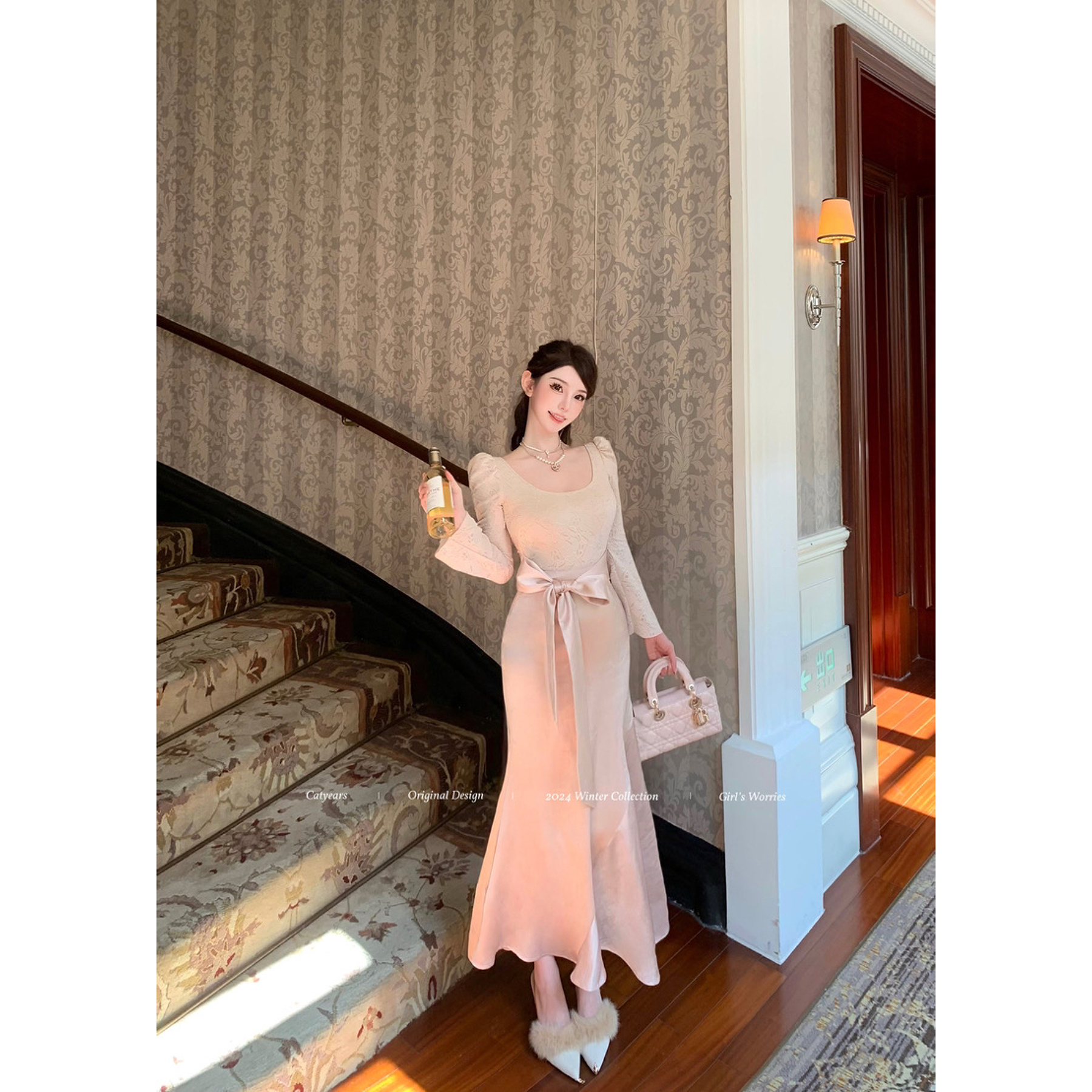 Catyears猫年【清冷芭蕾】方圆领气质连衣裙压褶缎面蝴蝶结鱼尾长裙