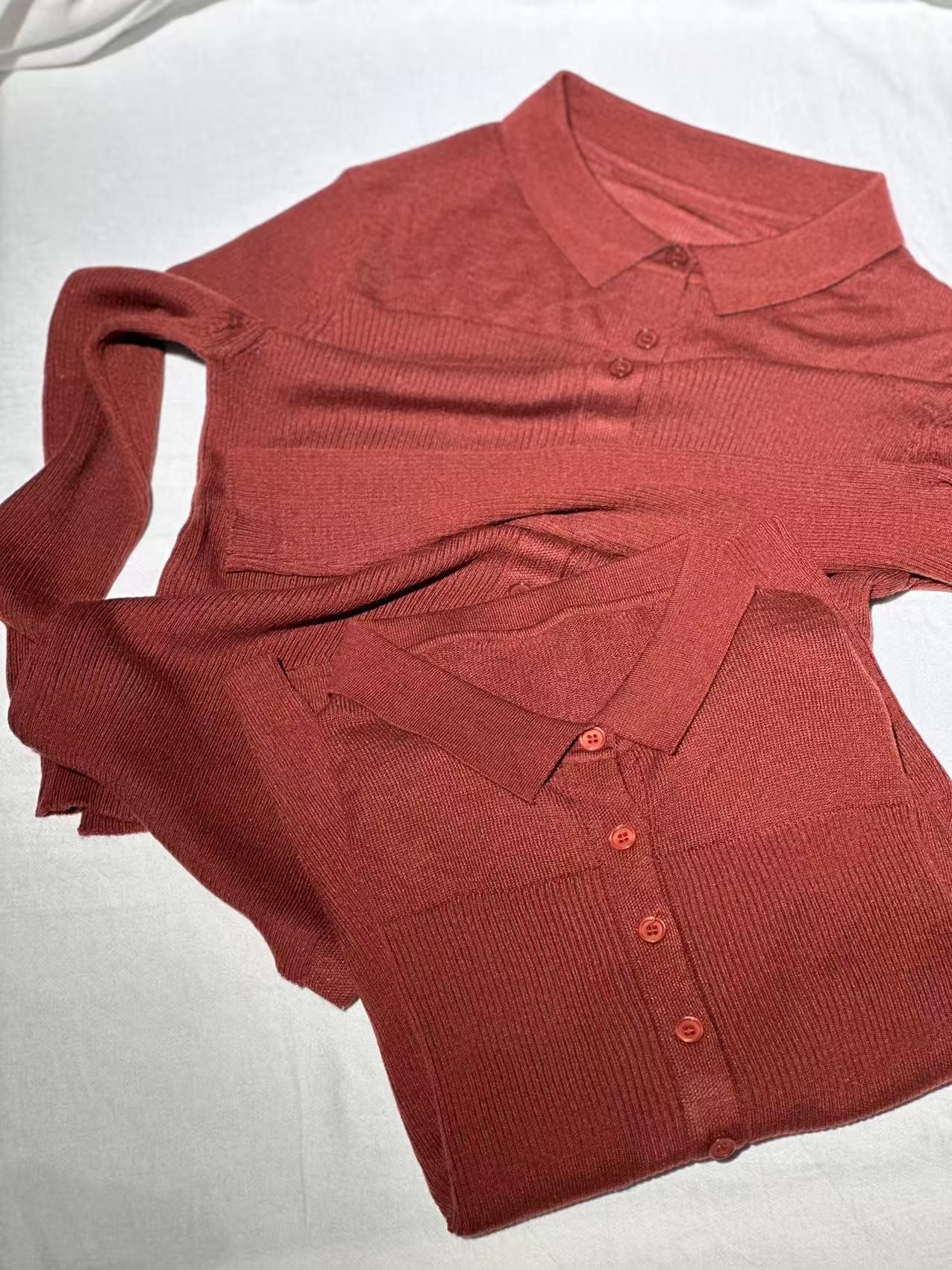 【欧琲】G384#POLO领纯色针织开衫长袖上衣