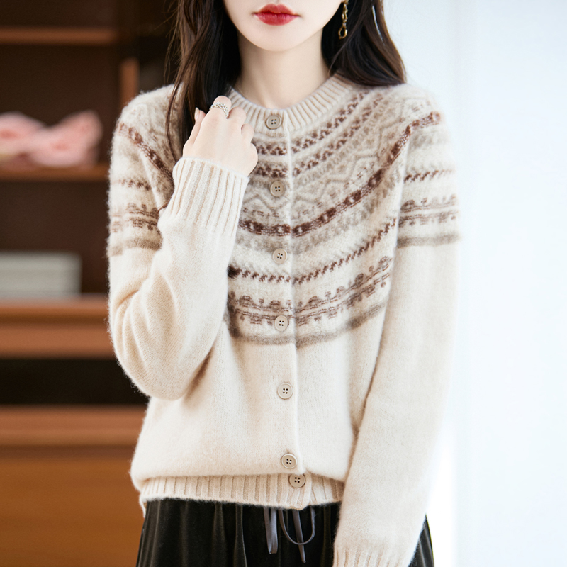 费尔岛100纯羊毛衫圆领厚款系扣针织衫外套时尚洋气百搭提花女