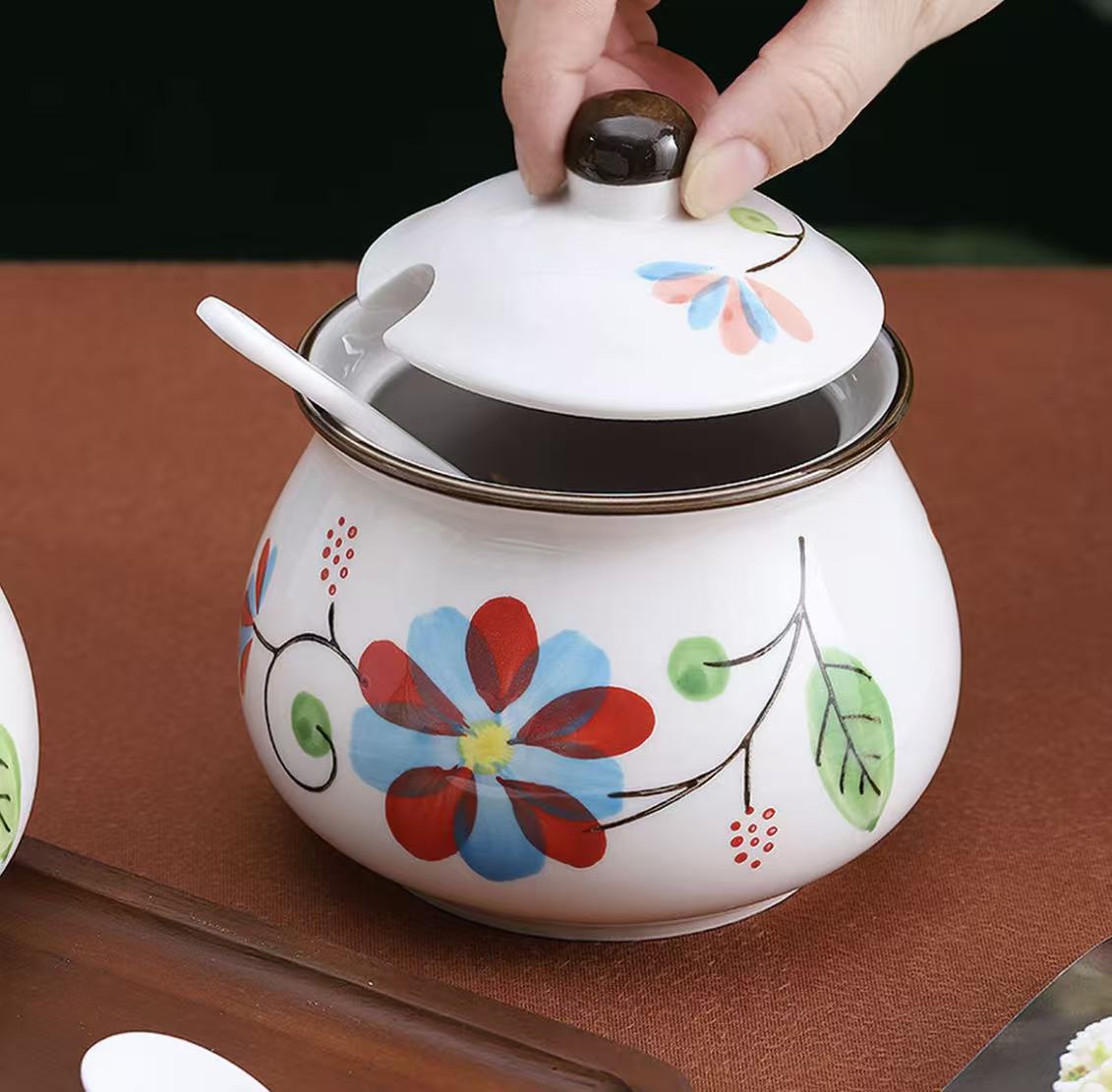 【初下厨】大容量猪油罐密封带盖家用1200毫升高温釉下彩陶瓷罐子