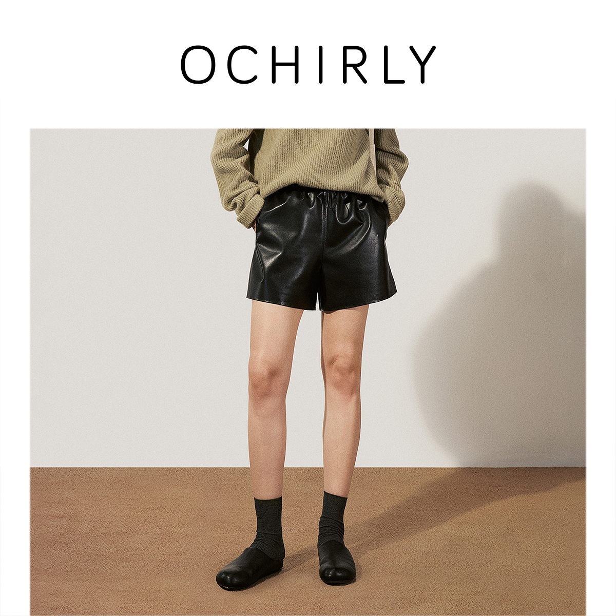 【商场同款】OCHIRLY欧时力PU皮黑色直筒短裤女裤子25春欧若风皮裤