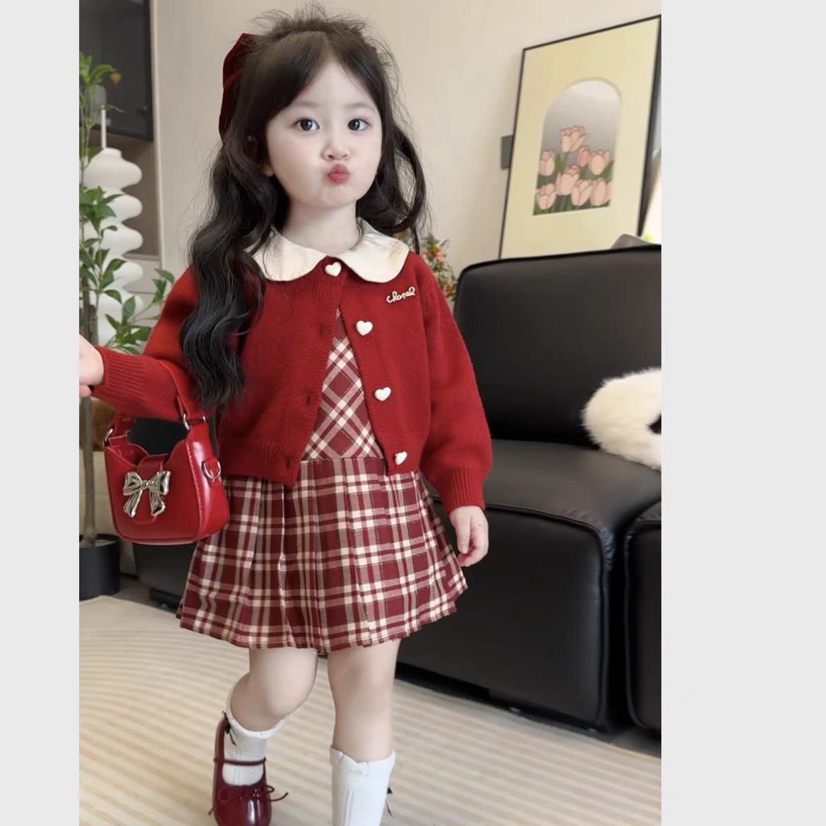 女童连衣裙秋装2025新款洋气儿童针织开衫公主裙宝宝周岁礼服春秋