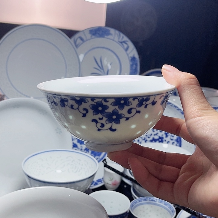 碗青花玲珑紫荆花五寸饭碗12个