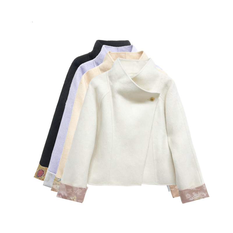 【橙庐】514200原创新中式绵羊毛一粒扣斜襟拼袖毛呢外套 女款大衣