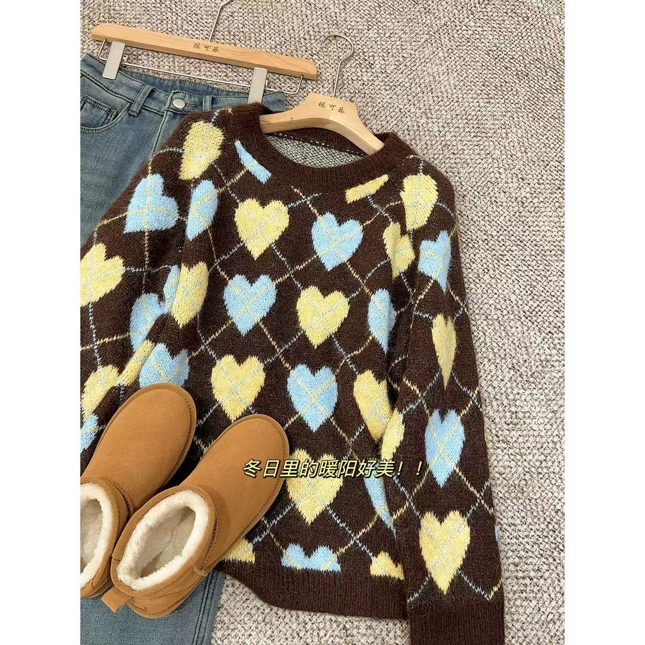 爱心印花针织衫女套头宽松女装洋气-M3900