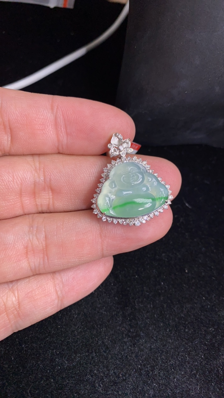 天然A货飘绿佛公吊坠18K