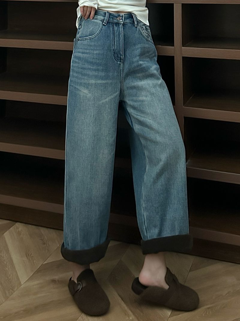 2025年冬季新款小阔腿牛仔加绒松紧腰头九分裤女休闲洋气又保暖