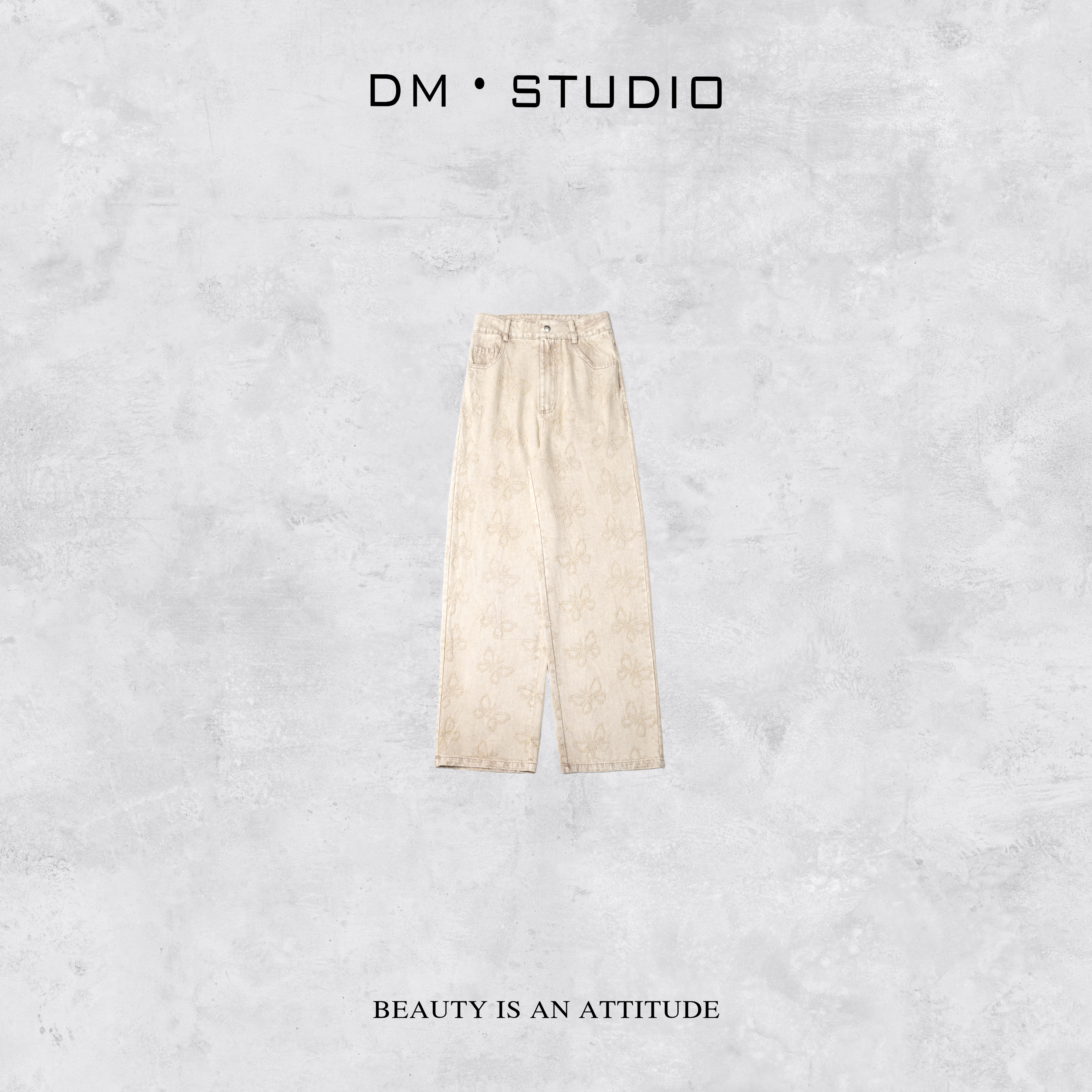 -DM•STUDIO/气质复古小众设计感蝴蝶做旧直筒牛仔裤（202463）